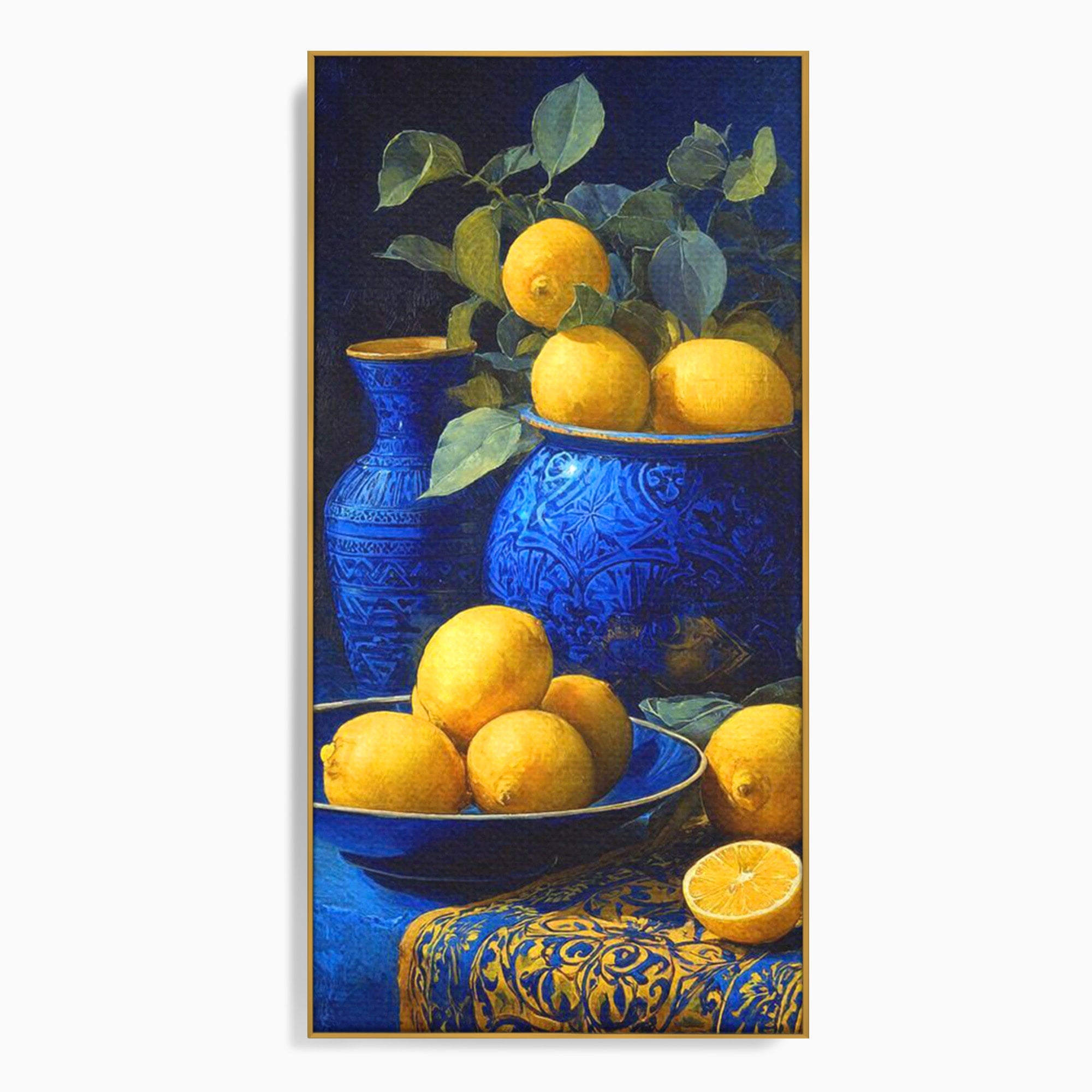 Tablou Canvas Premium LuxCanva® PI1143, Lamai In Vase Albastre, Citrice, Galben, Arta, Clasica, Natura, Statica, Living, Bucatarie, Culori Vibrante