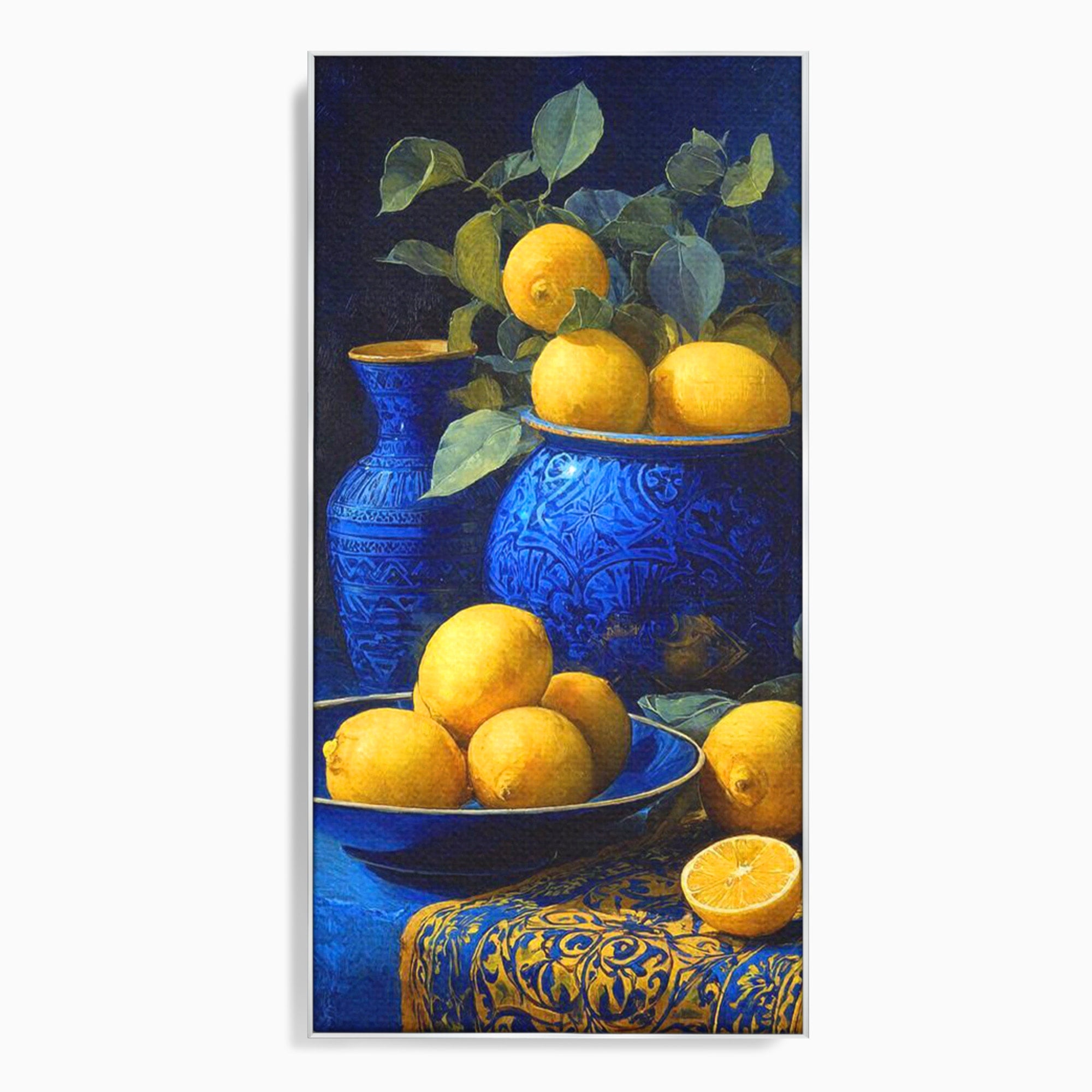 Tablou Canvas Premium LuxCanva® PI1143, Lamai In Vase Albastre, Citrice, Galben, Arta, Clasica, Natura, Statica, Living, Bucatarie, Culori Vibrante