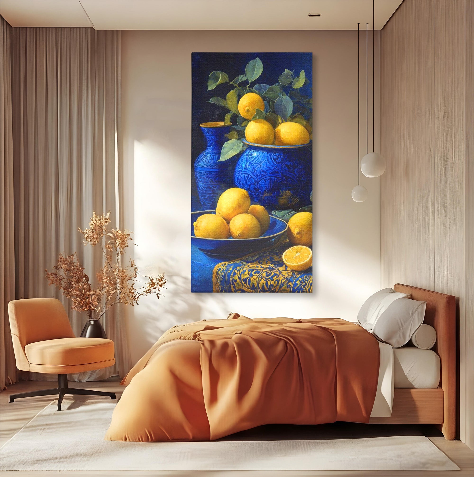 Tablou Canvas Premium LuxCanva® PI1143, Lamai In Vase Albastre, Citrice, Galben, Arta, Clasica, Natura, Statica, Living, Bucatarie, Culori Vibrante
