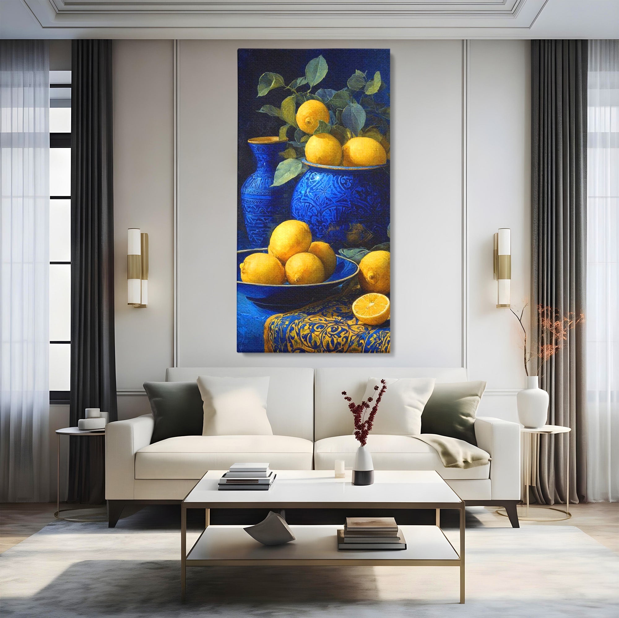 Tablou Canvas Premium LuxCanva® PI1143, Lamai In Vase Albastre, Citrice, Galben, Arta, Clasica, Natura, Statica, Living, Bucatarie, Culori Vibrante