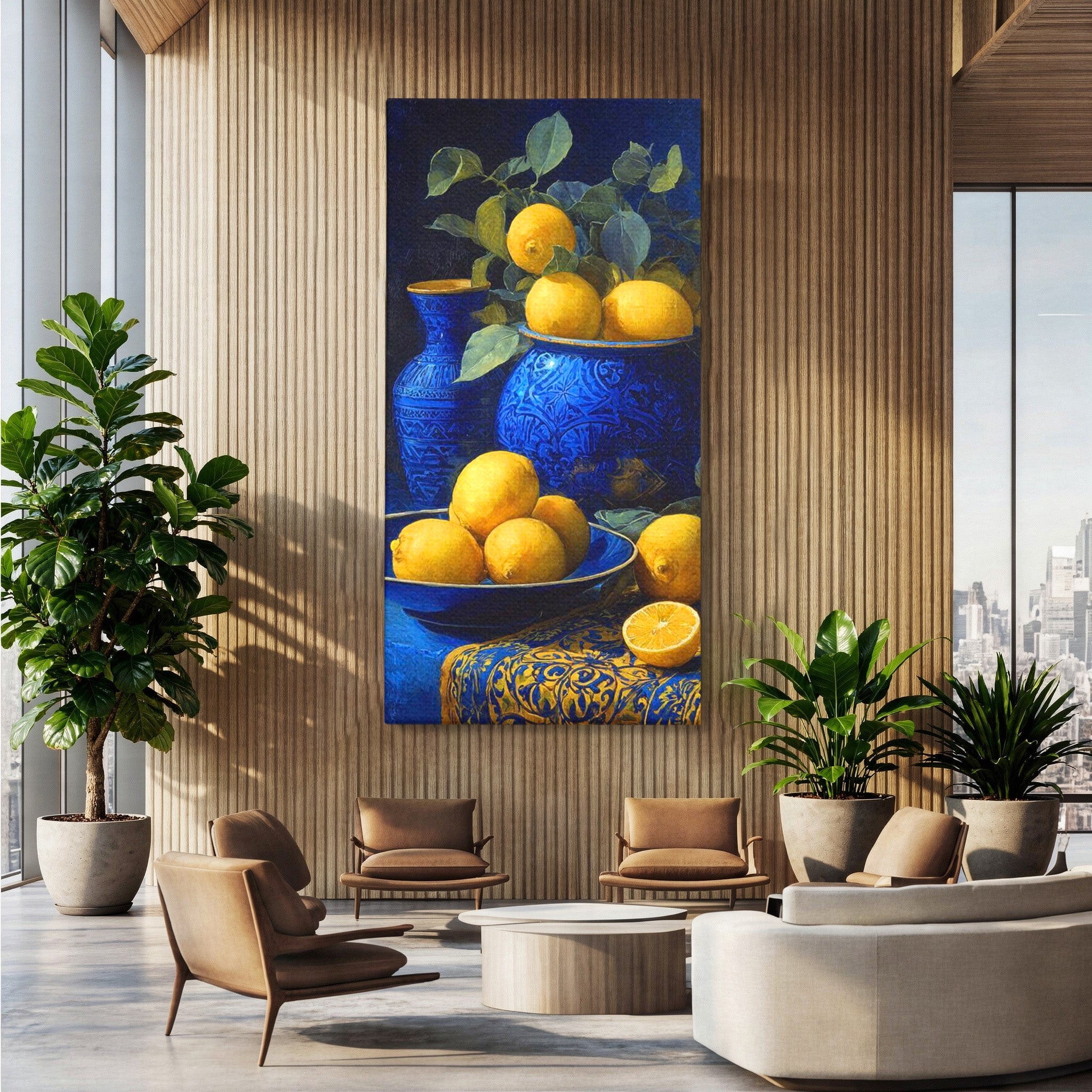 Tablou Canvas Premium LuxCanva® PI1143, Lamai In Vase Albastre, Citrice, Galben, Arta, Clasica, Natura, Statica, Living, Bucatarie, Culori Vibrante