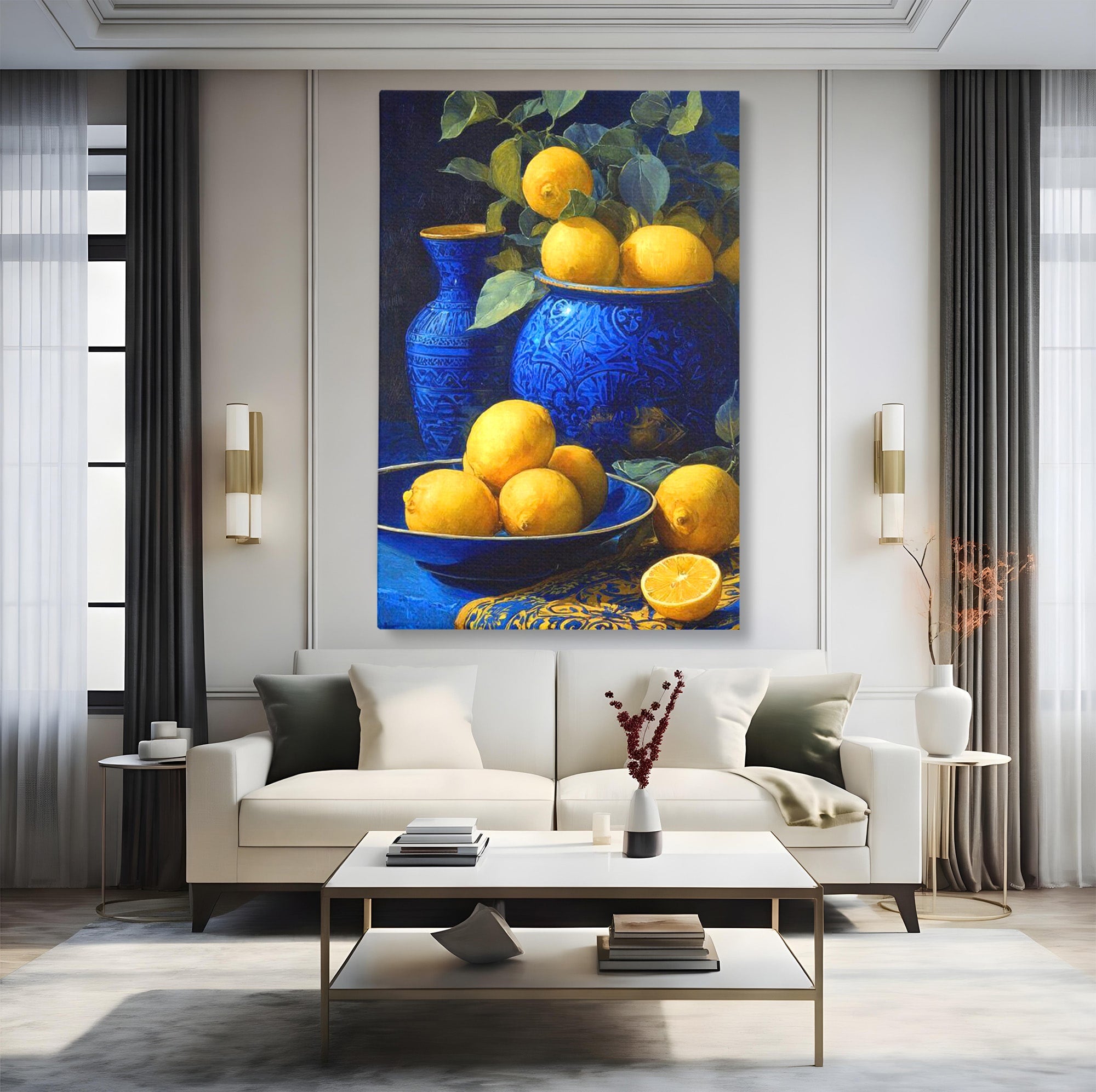 Tablou Canvas Premium LuxCanva® PI1143, Lamai In Vase Albastre, Citrice, Galben, Arta, Clasica, Natura, Statica, Living, Bucatarie, Culori Vibrante