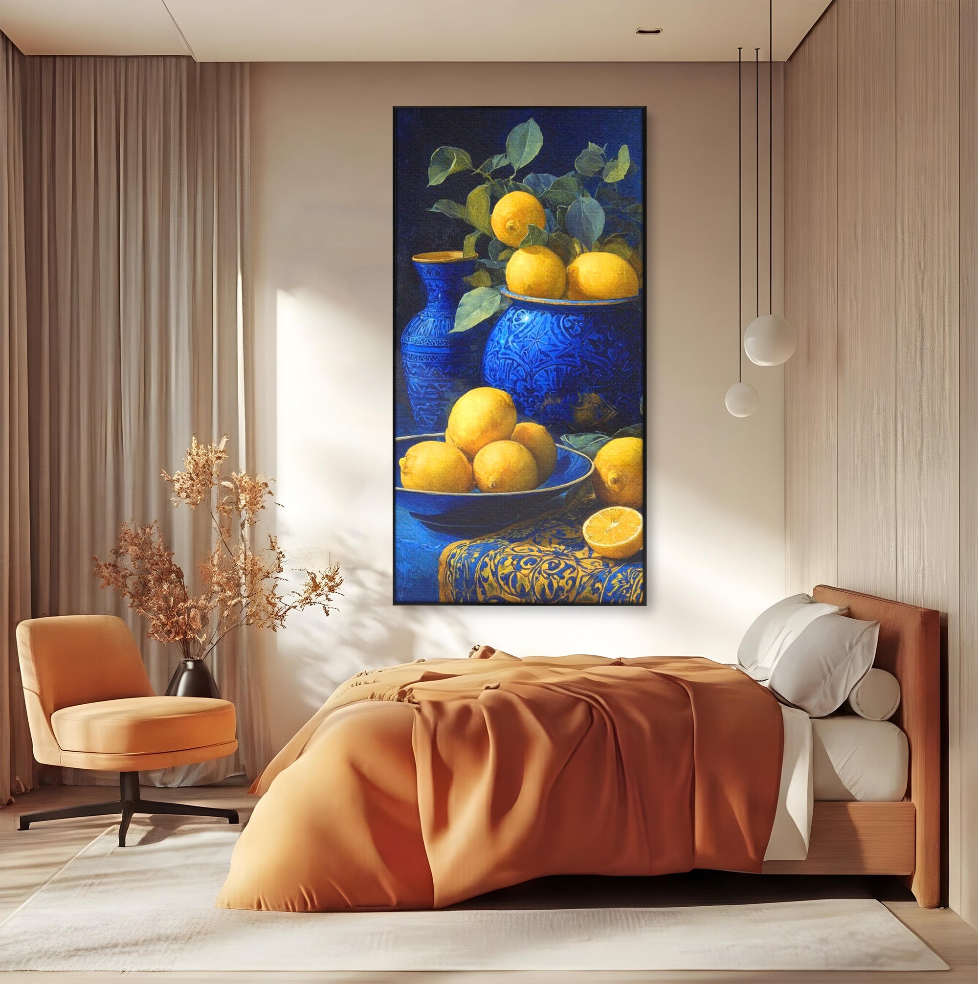 Tablou Canvas Premium LuxCanva® PI1143, Lamai In Vase Albastre, Citrice, Galben, Arta, Clasica, Natura, Statica, Living, Bucatarie, Culori Vibrante