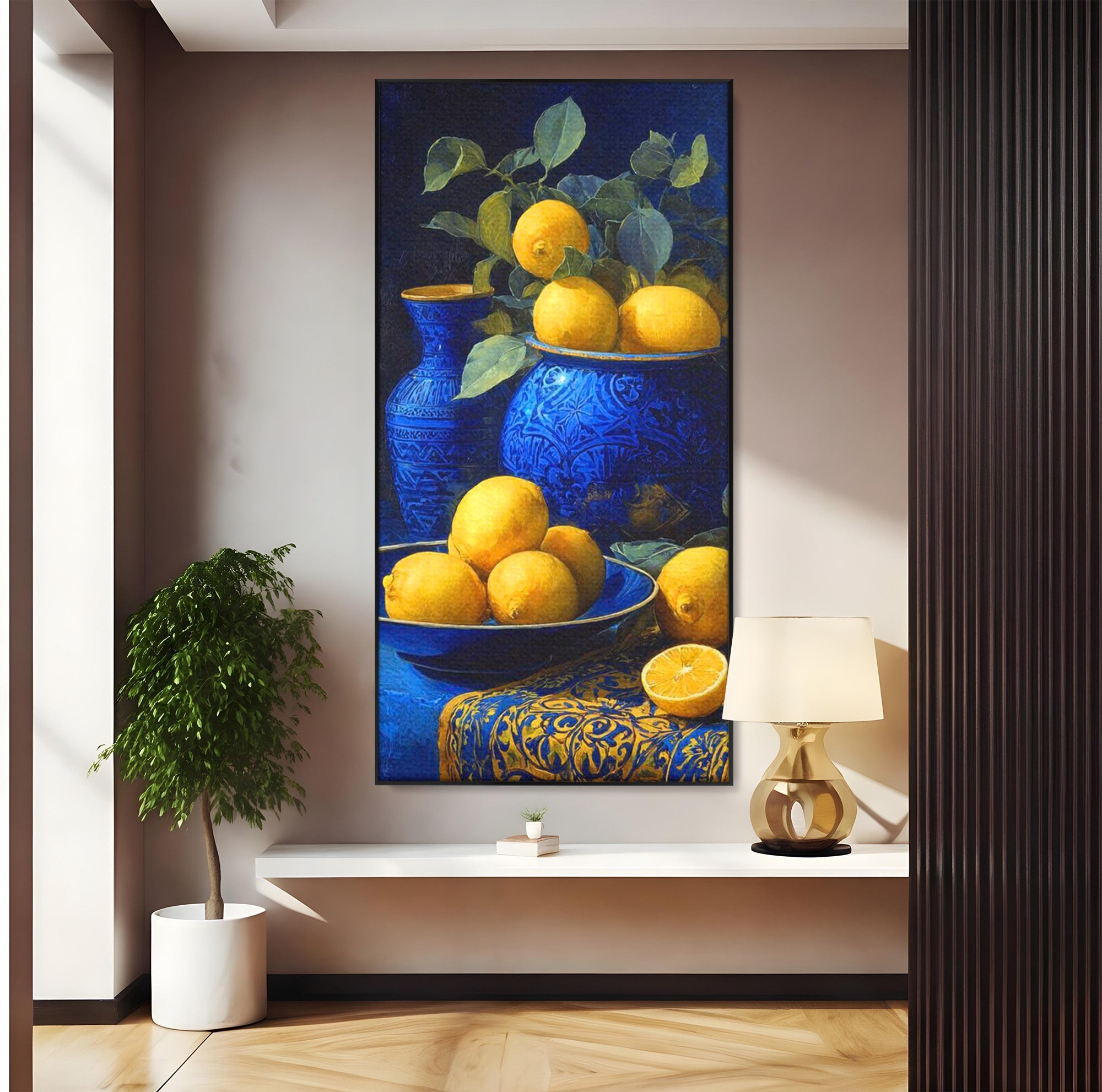 Tablou Canvas Premium LuxCanva® PI1143, Lamai In Vase Albastre, Citrice, Galben, Arta, Clasica, Natura, Statica, Living, Bucatarie, Culori Vibrante