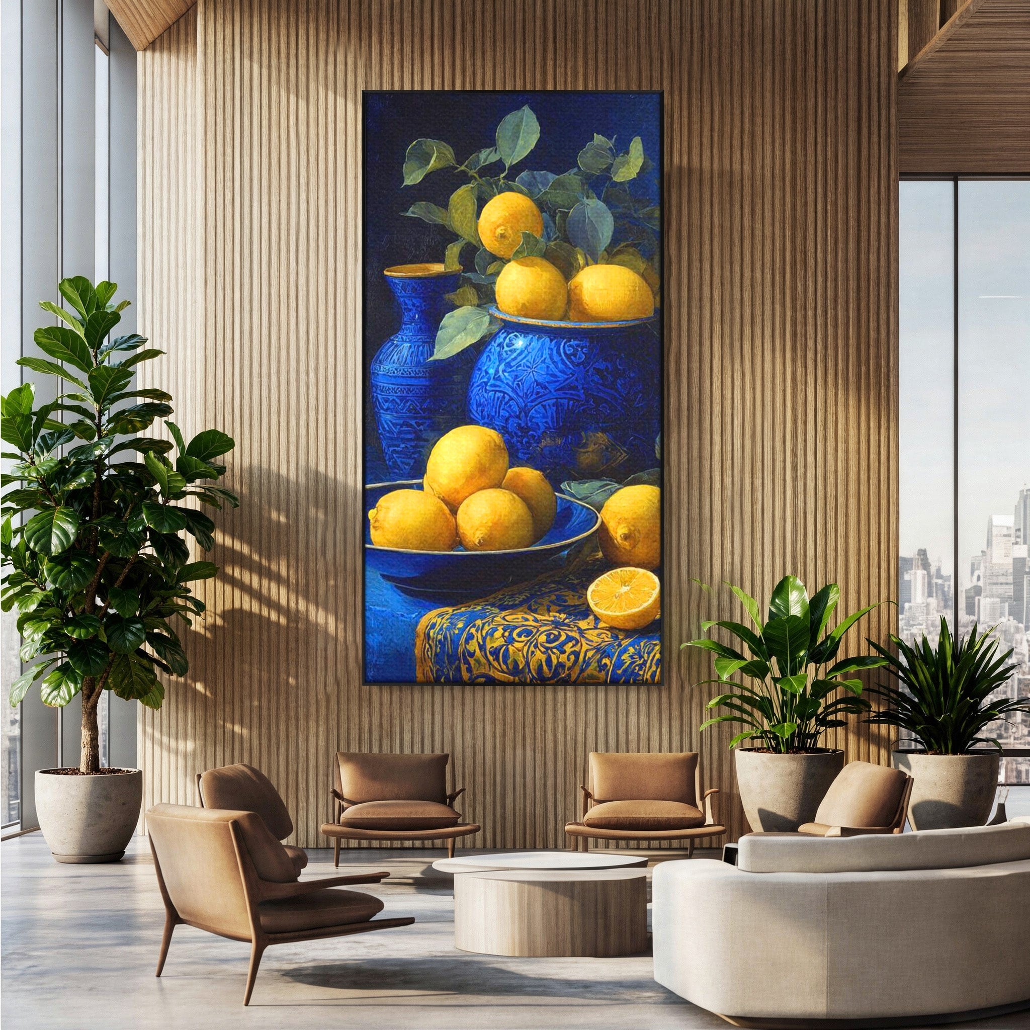 Tablou Canvas Premium LuxCanva® PI1143, Lamai In Vase Albastre, Citrice, Galben, Arta, Clasica, Natura, Statica, Living, Bucatarie, Culori Vibrante