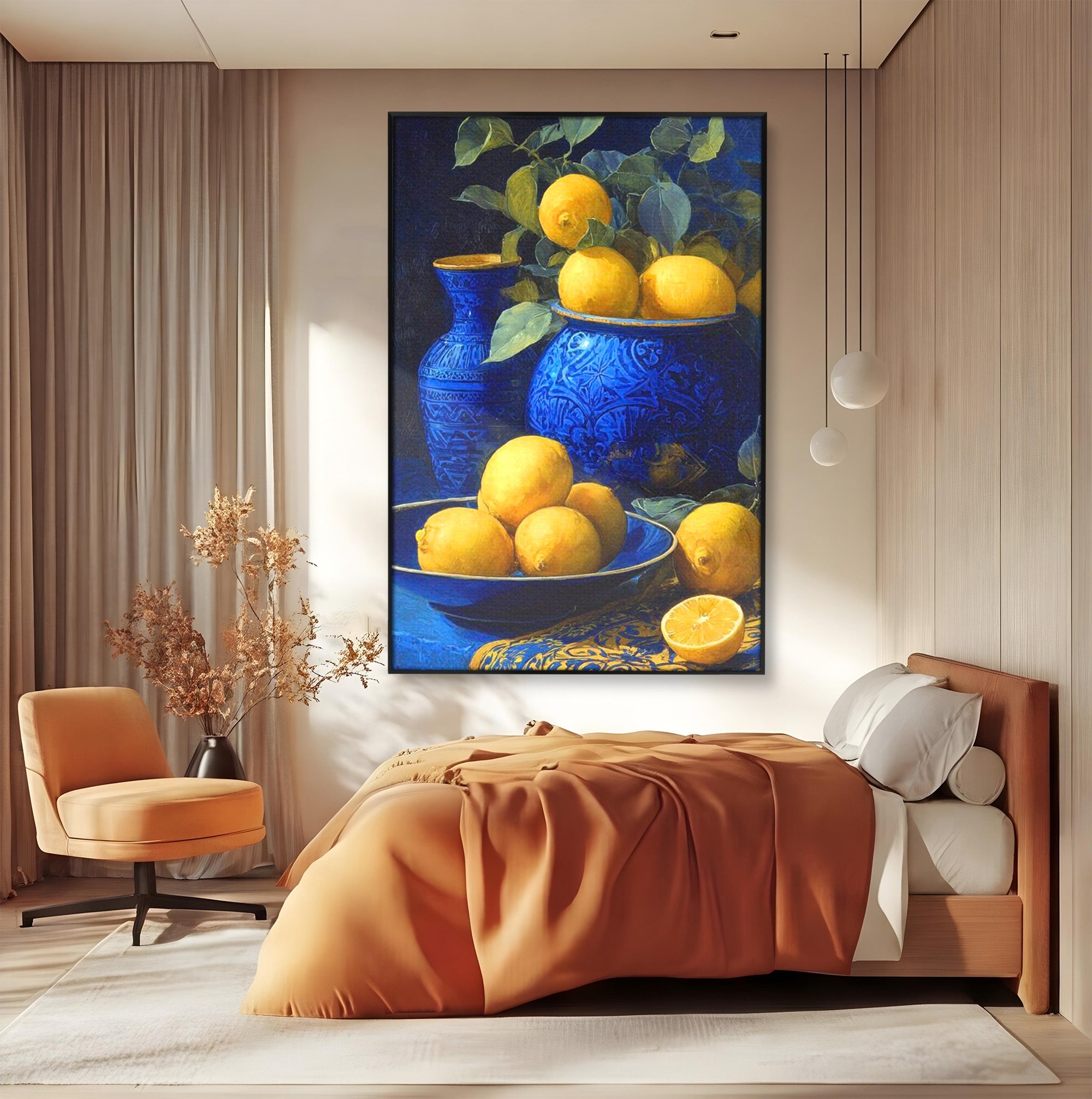Tablou Canvas Premium LuxCanva® PI1143, Lamai In Vase Albastre, Citrice, Galben, Arta, Clasica, Natura, Statica, Living, Bucatarie, Culori Vibrante