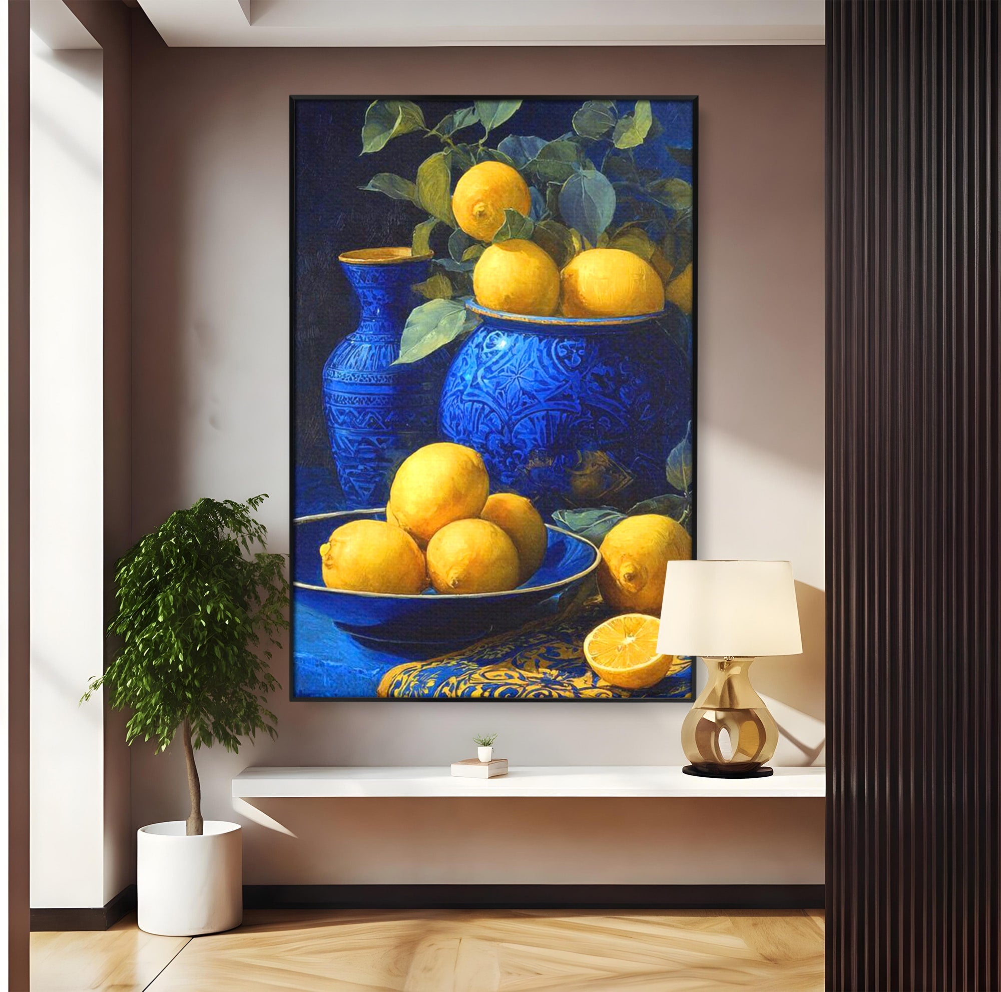 Tablou Canvas Premium LuxCanva® PI1143, Lamai In Vase Albastre, Citrice, Galben, Arta, Clasica, Natura, Statica, Living, Bucatarie, Culori Vibrante