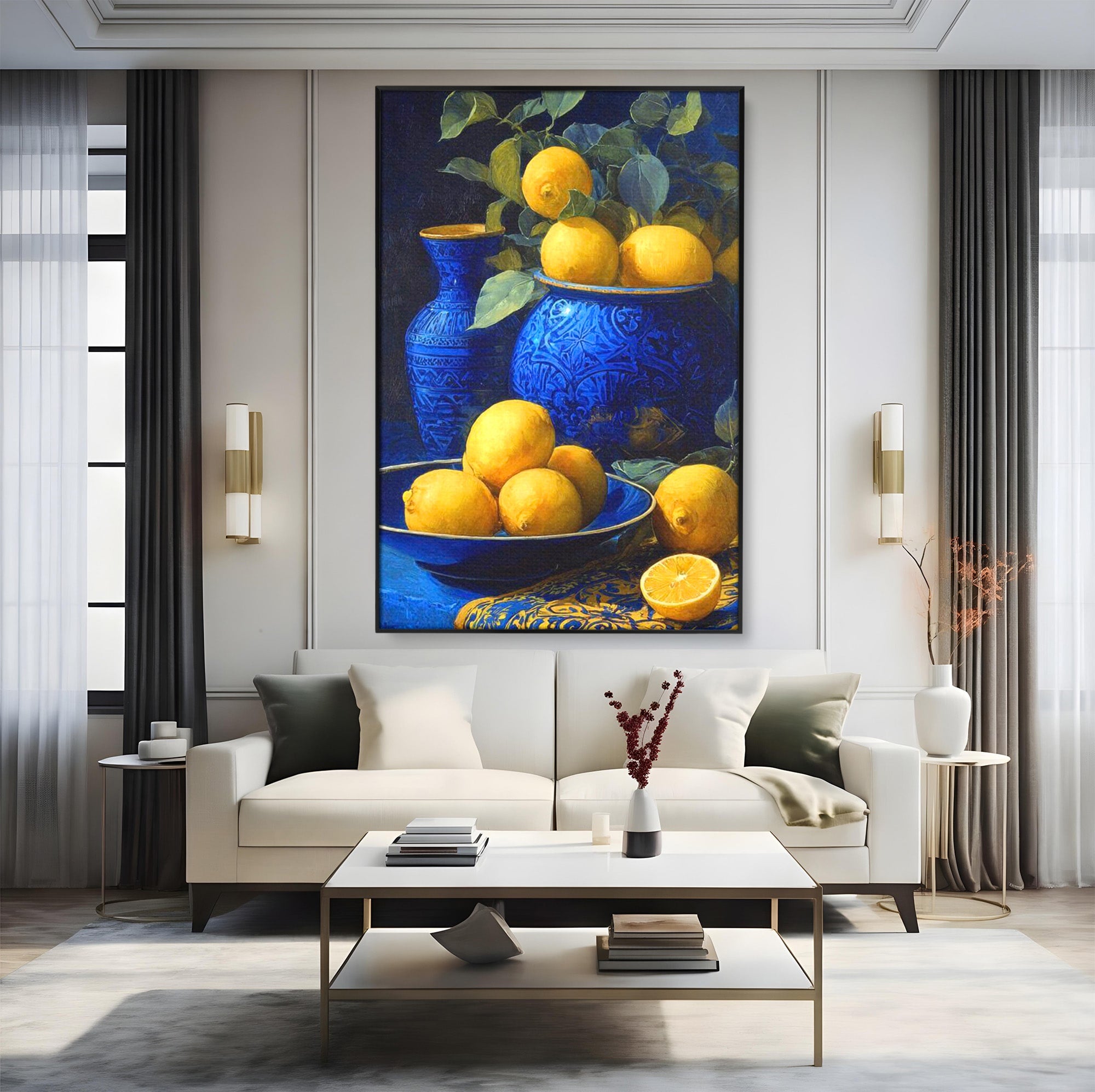 Tablou Canvas Premium LuxCanva® PI1143, Lamai In Vase Albastre, Citrice, Galben, Arta, Clasica, Natura, Statica, Living, Bucatarie, Culori Vibrante