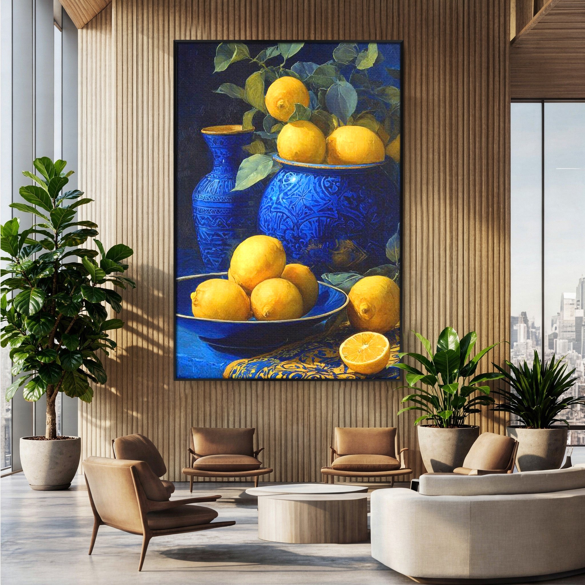 Tablou Canvas Premium LuxCanva® PI1143, Lamai In Vase Albastre, Citrice, Galben, Arta, Clasica, Natura, Statica, Living, Bucatarie, Culori Vibrante