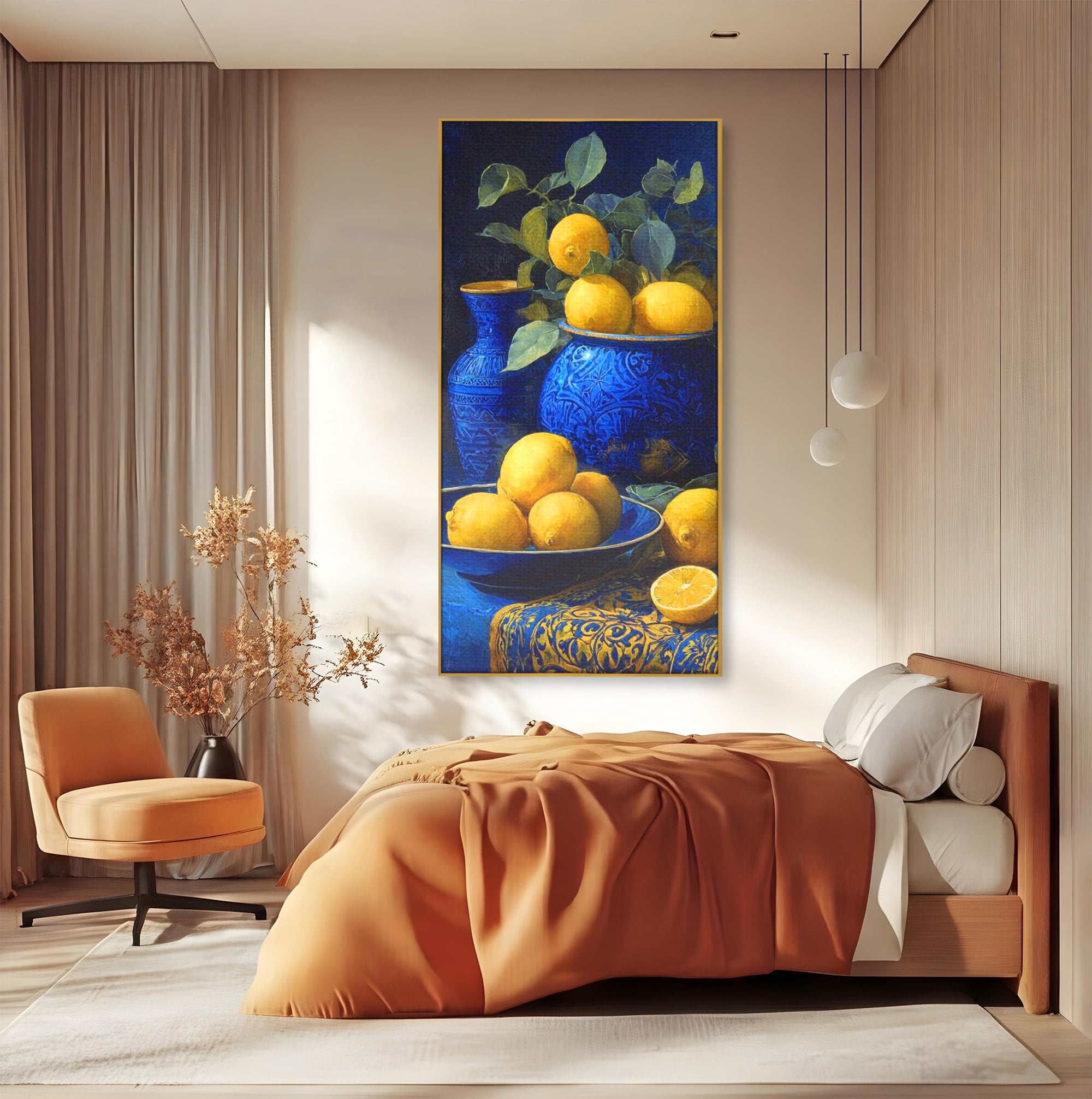 Tablou Canvas Premium LuxCanva® PI1143, Lamai In Vase Albastre, Citrice, Galben, Arta, Clasica, Natura, Statica, Living, Bucatarie, Culori Vibrante