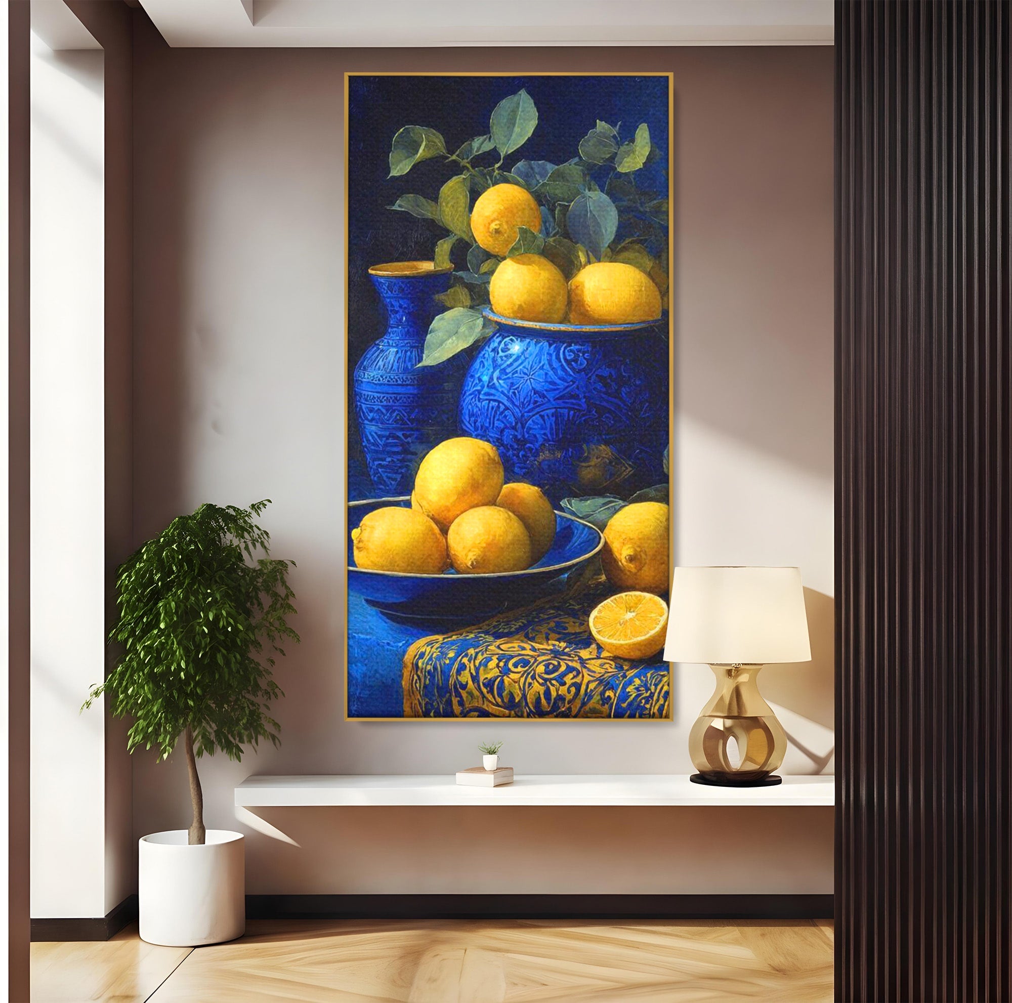 Tablou Canvas Premium LuxCanva® PI1143, Lamai In Vase Albastre, Citrice, Galben, Arta, Clasica, Natura, Statica, Living, Bucatarie, Culori Vibrante