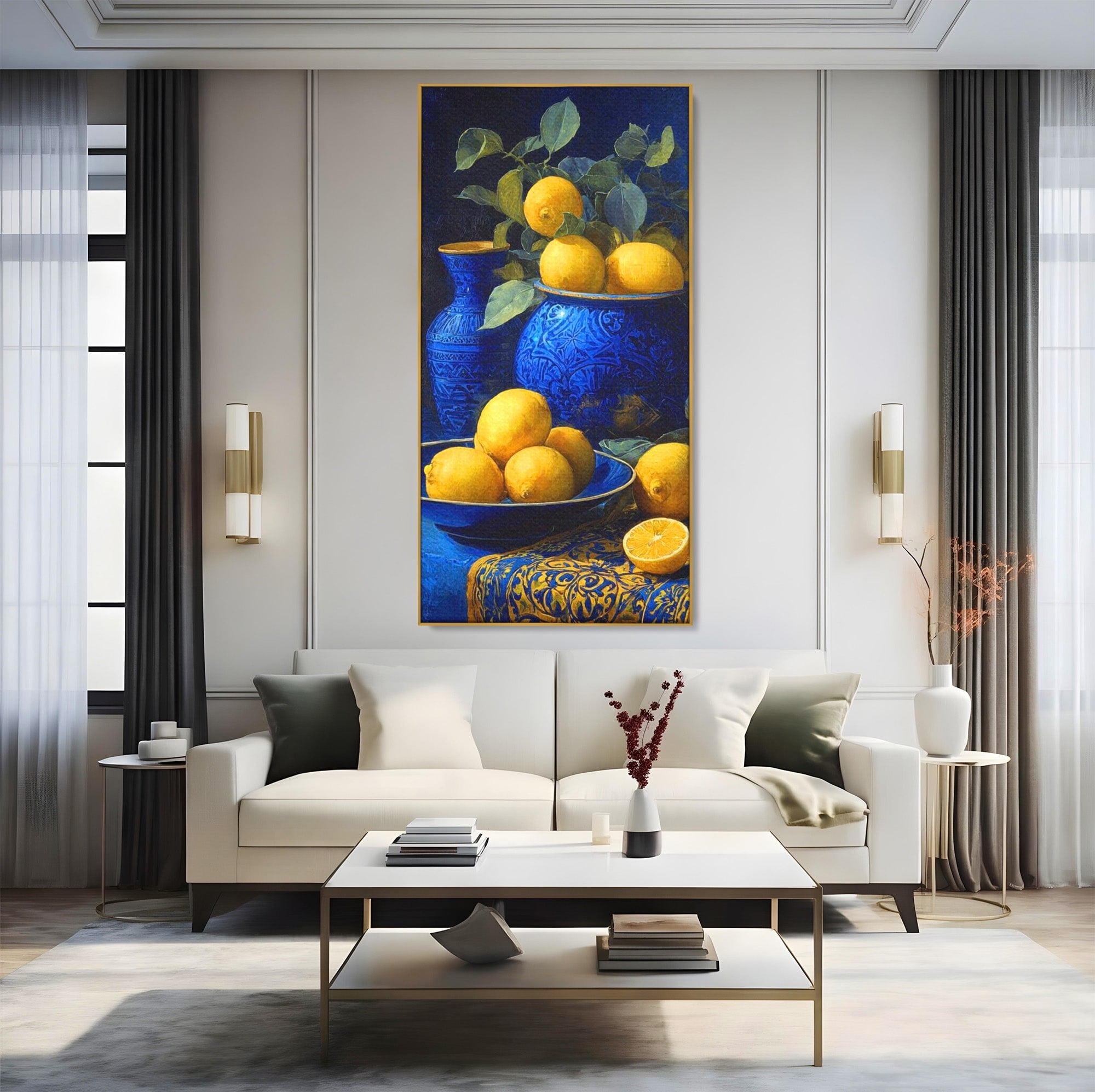 Tablou Canvas Premium LuxCanva® PI1143, Lamai In Vase Albastre, Citrice, Galben, Arta, Clasica, Natura, Statica, Living, Bucatarie, Culori Vibrante