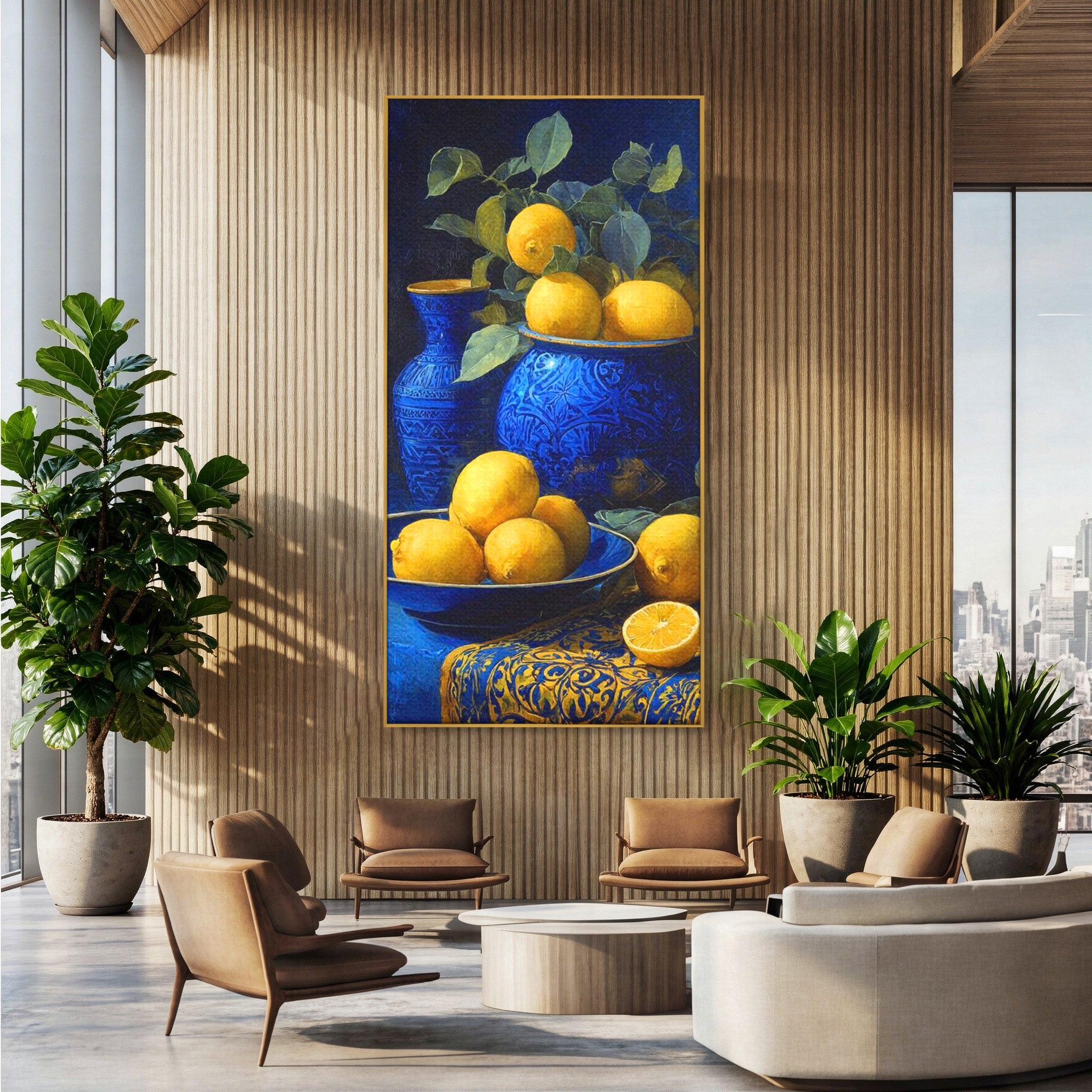Tablou Canvas Premium LuxCanva® PI1143, Lamai In Vase Albastre, Citrice, Galben, Arta, Clasica, Natura, Statica, Living, Bucatarie, Culori Vibrante