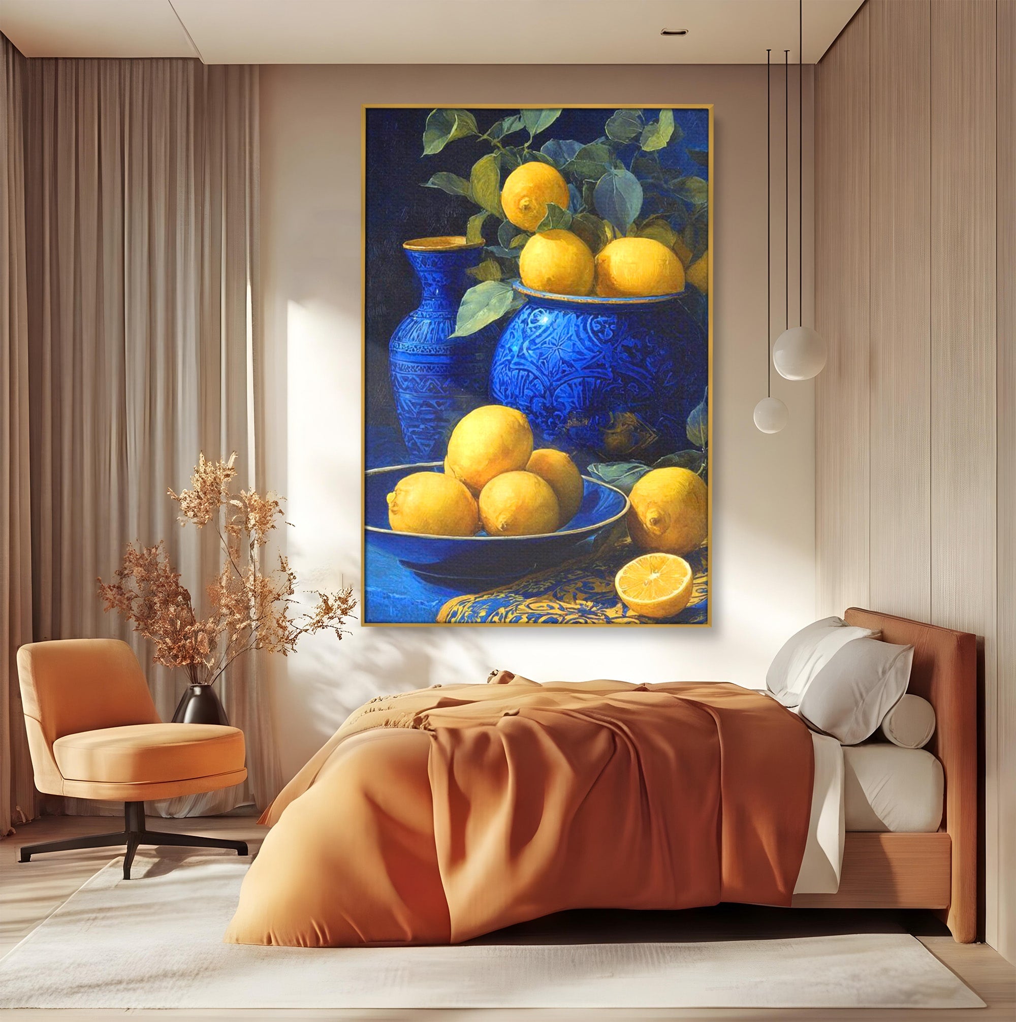 Tablou Canvas Premium LuxCanva® PI1143, Lamai In Vase Albastre, Citrice, Galben, Arta, Clasica, Natura, Statica, Living, Bucatarie, Culori Vibrante