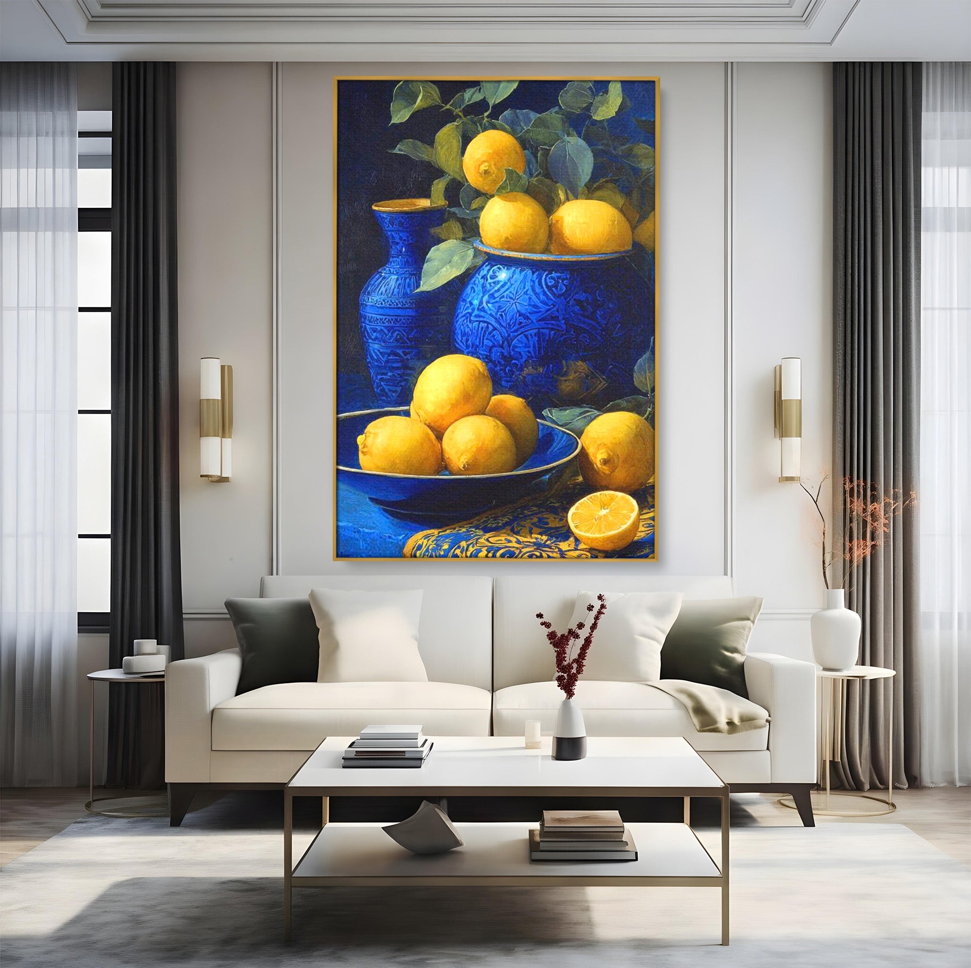 Tablou Canvas Premium LuxCanva® PI1143, Lamai In Vase Albastre, Citrice, Galben, Arta, Clasica, Natura, Statica, Living, Bucatarie, Culori Vibrante