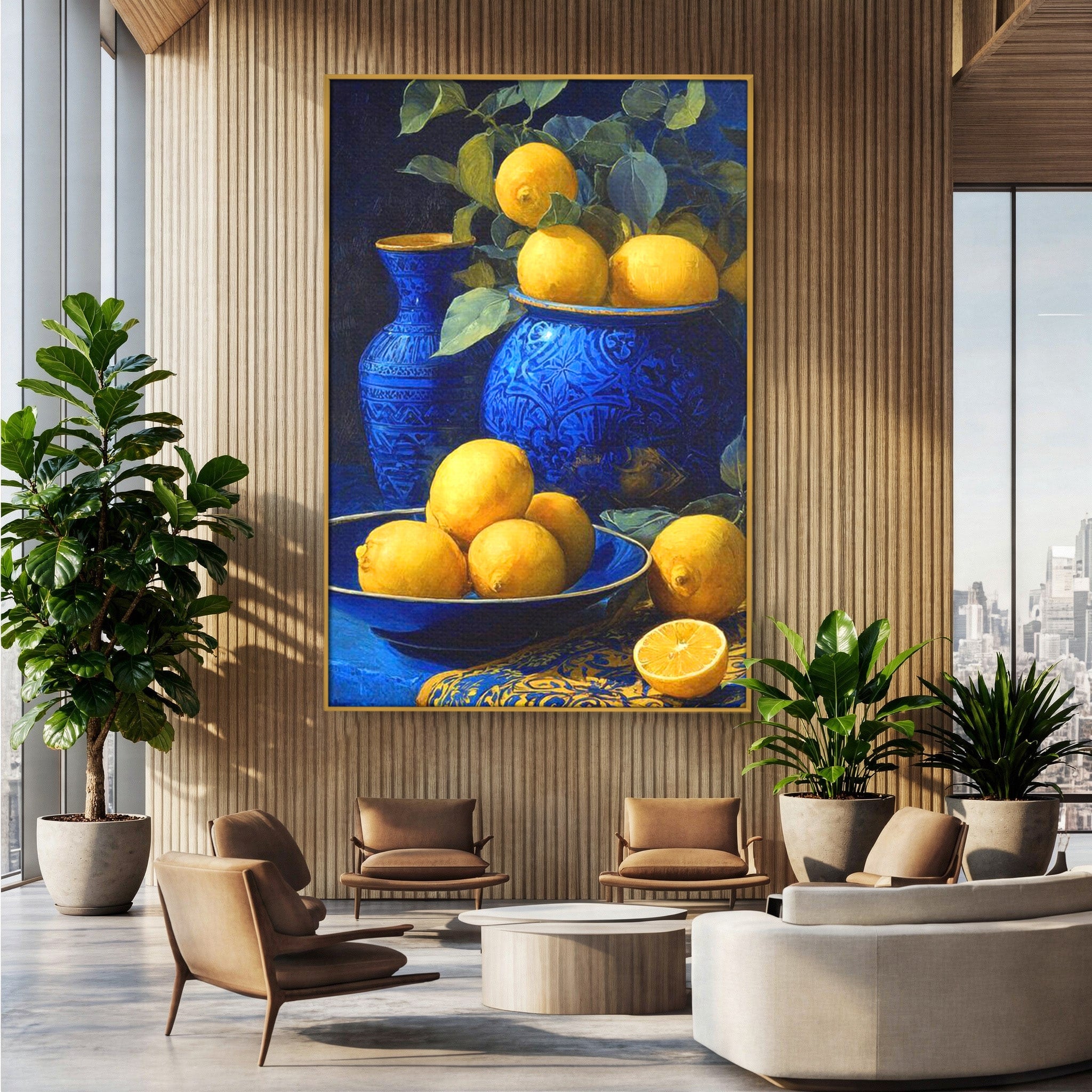 Tablou Canvas Premium LuxCanva® PI1143, Lamai In Vase Albastre, Citrice, Galben, Arta, Clasica, Natura, Statica, Living, Bucatarie, Culori Vibrante