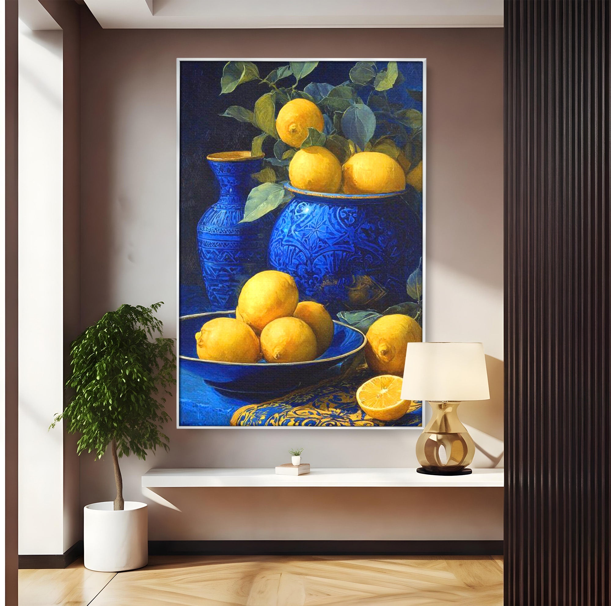 Tablou Canvas Premium LuxCanva® PI1143, Lamai In Vase Albastre, Citrice, Galben, Arta, Clasica, Natura, Statica, Living, Bucatarie, Culori Vibrante