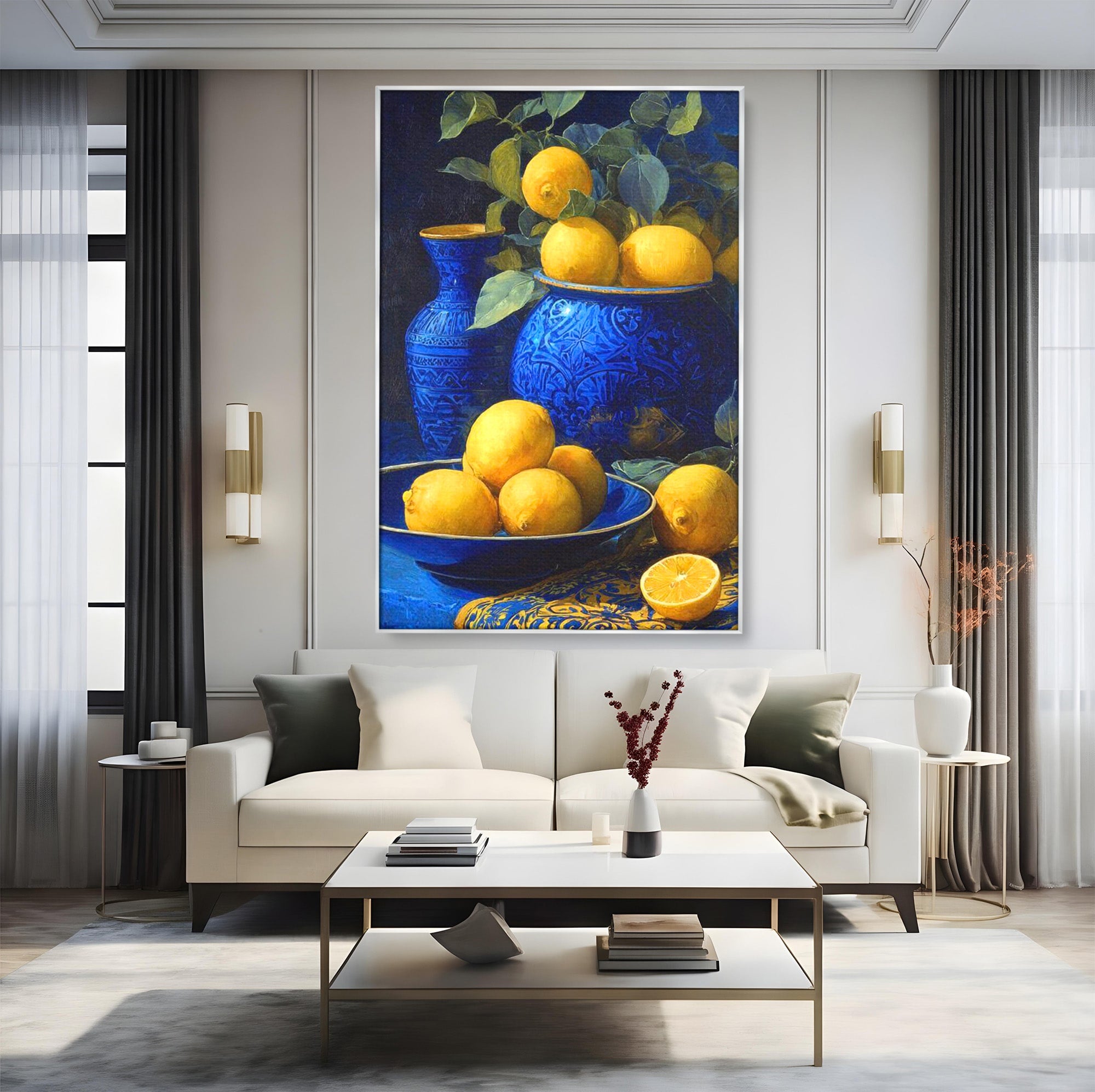 Tablou Canvas Premium LuxCanva® PI1143, Lamai In Vase Albastre, Citrice, Galben, Arta, Clasica, Natura, Statica, Living, Bucatarie, Culori Vibrante
