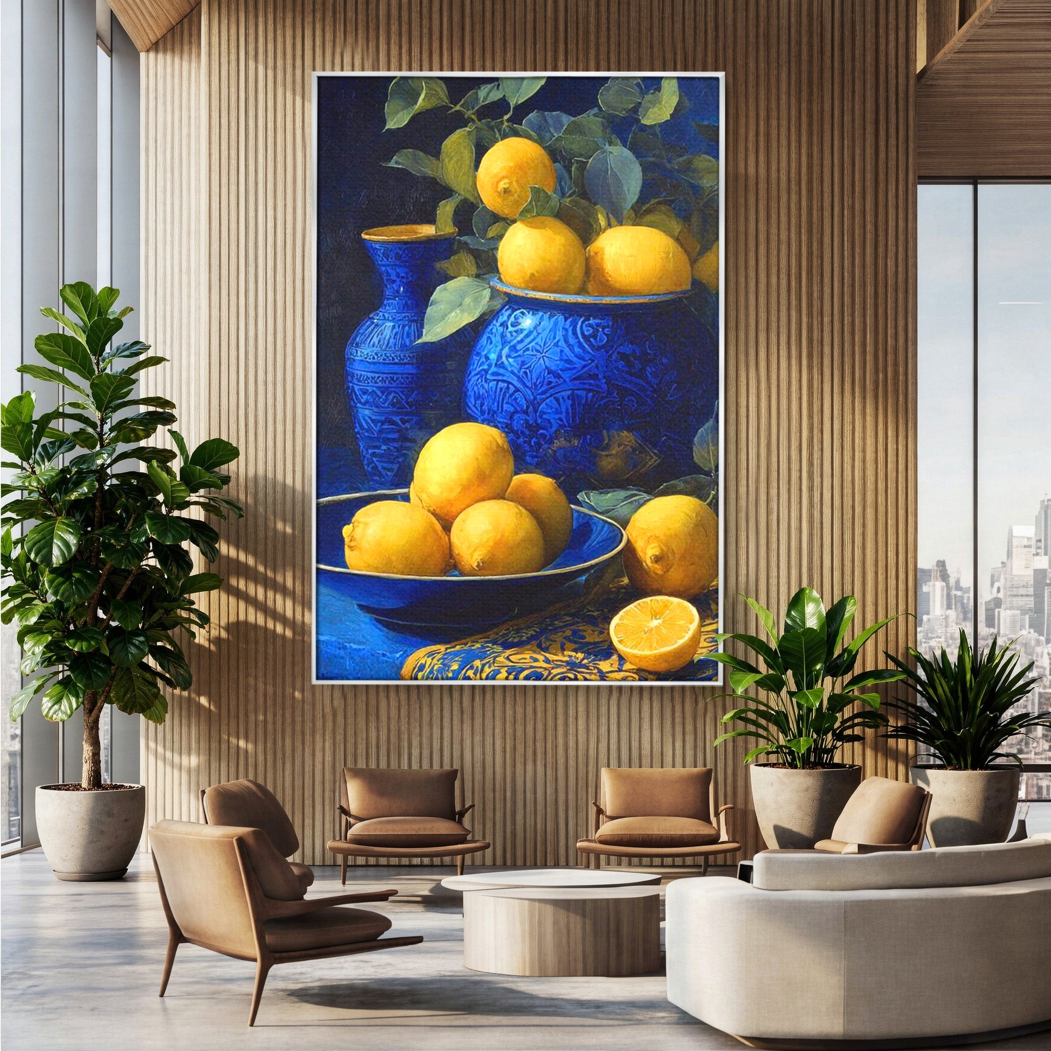 Tablou Canvas Premium LuxCanva® PI1143, Lamai In Vase Albastre, Citrice, Galben, Arta, Clasica, Natura, Statica, Living, Bucatarie, Culori Vibrante