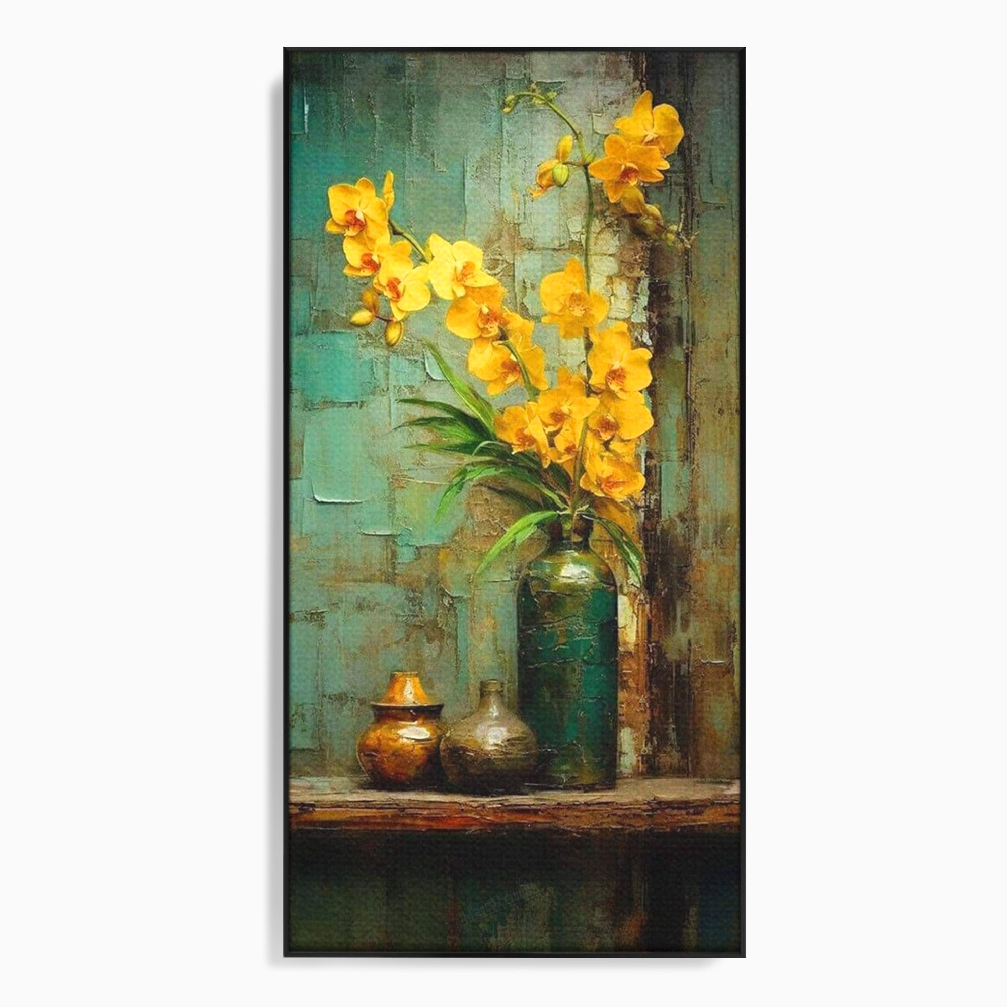 Tablou Canvas Premium LuxCanva® PI1144, Orhidee Galbene in Vaza, Planta, Flori, Glastra, Living, Natura, Decor Elegant, Culori Vibrante