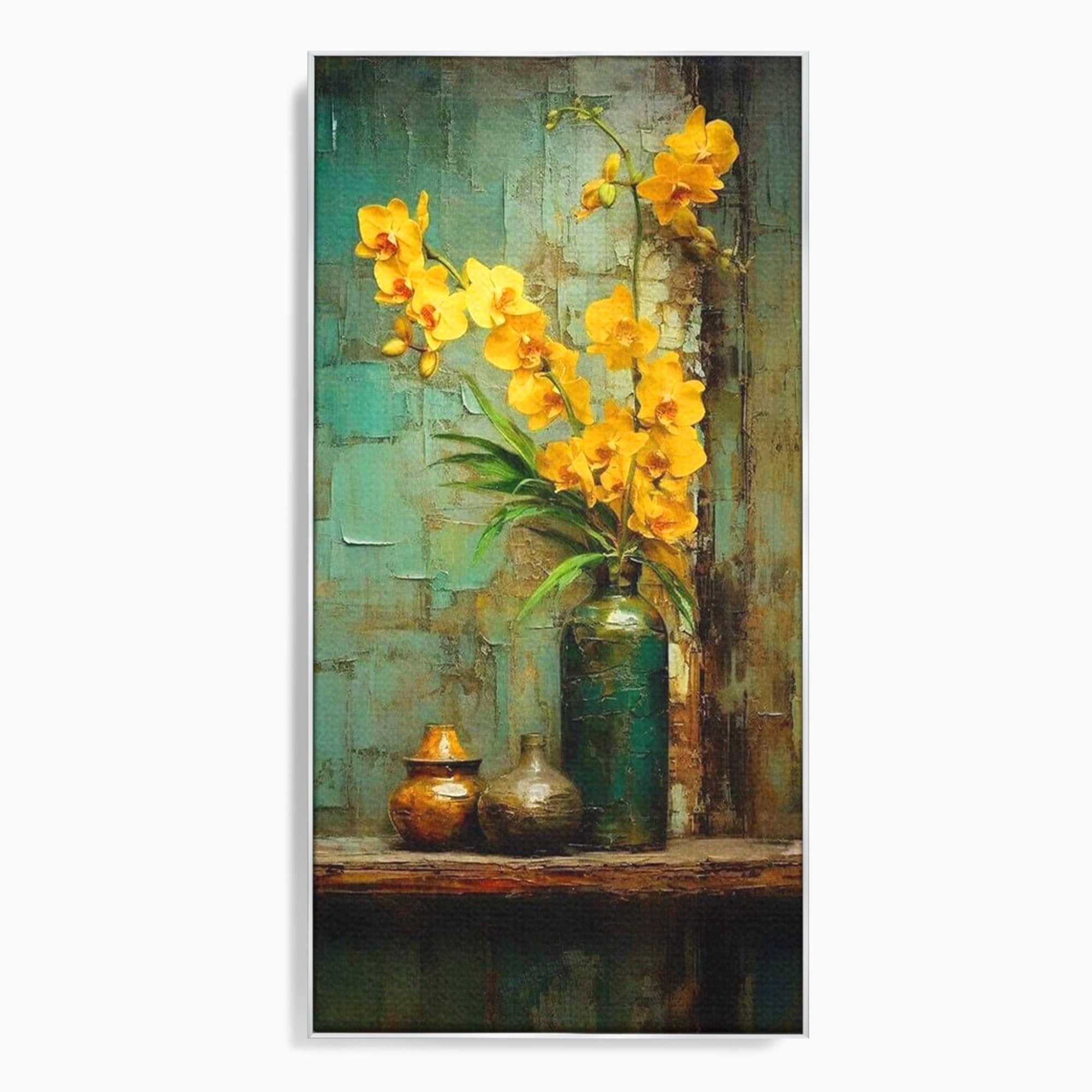 Tablou Canvas Premium LuxCanva® PI1144, Orhidee Galbene in Vaza, Planta, Flori, Glastra, Living, Natura, Decor Elegant, Culori Vibrante