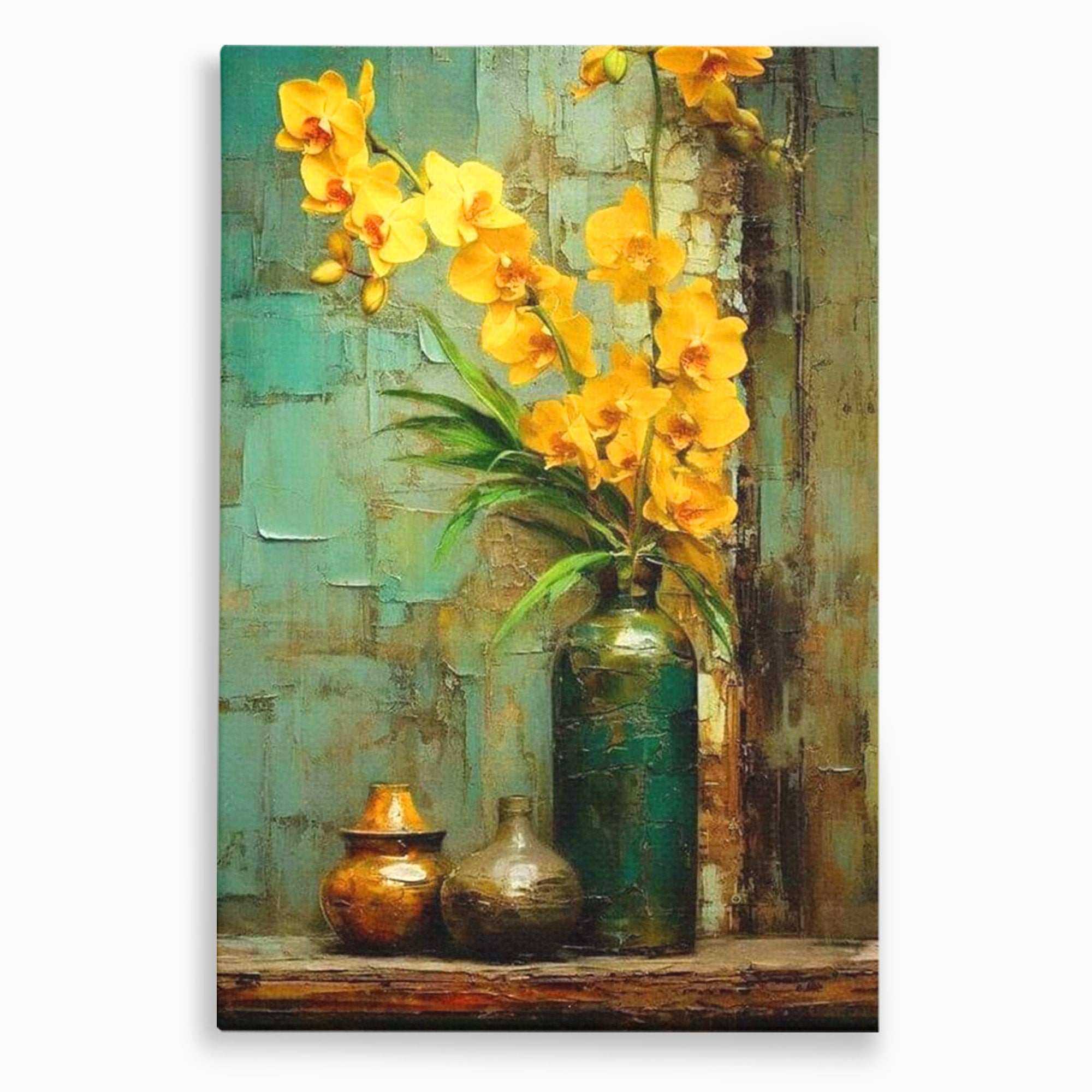 Tablou Canvas Premium LuxCanva® PI1144, Orhidee Galbene in Vaza, Planta, Flori, Glastra, Living, Natura, Decor Elegant, Culori Vibrante