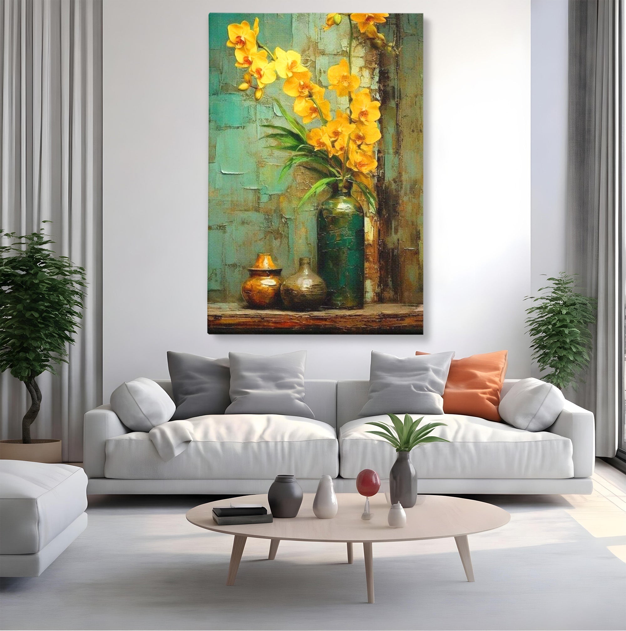 Tablou Canvas Premium LuxCanva® PI1144, Orhidee Galbene in Vaza, Planta, Flori, Glastra, Living, Natura, Decor Elegant, Culori Vibrante