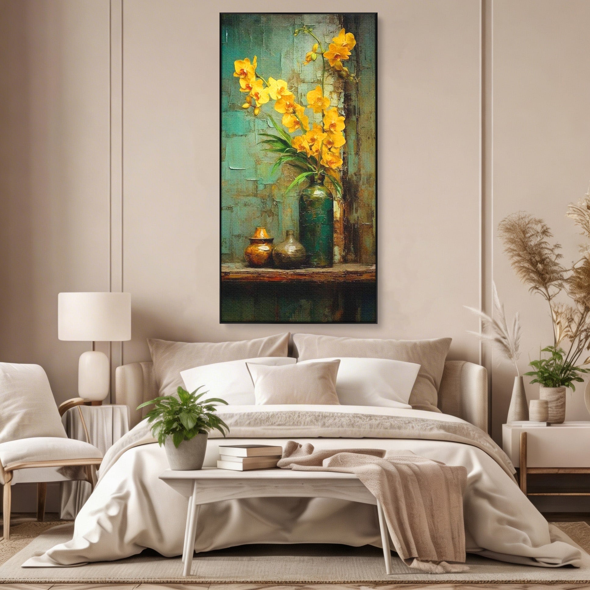 Tablou Canvas Premium LuxCanva® PI1144, Orhidee Galbene in Vaza, Planta, Flori, Glastra, Living, Natura, Decor Elegant, Culori Vibrante