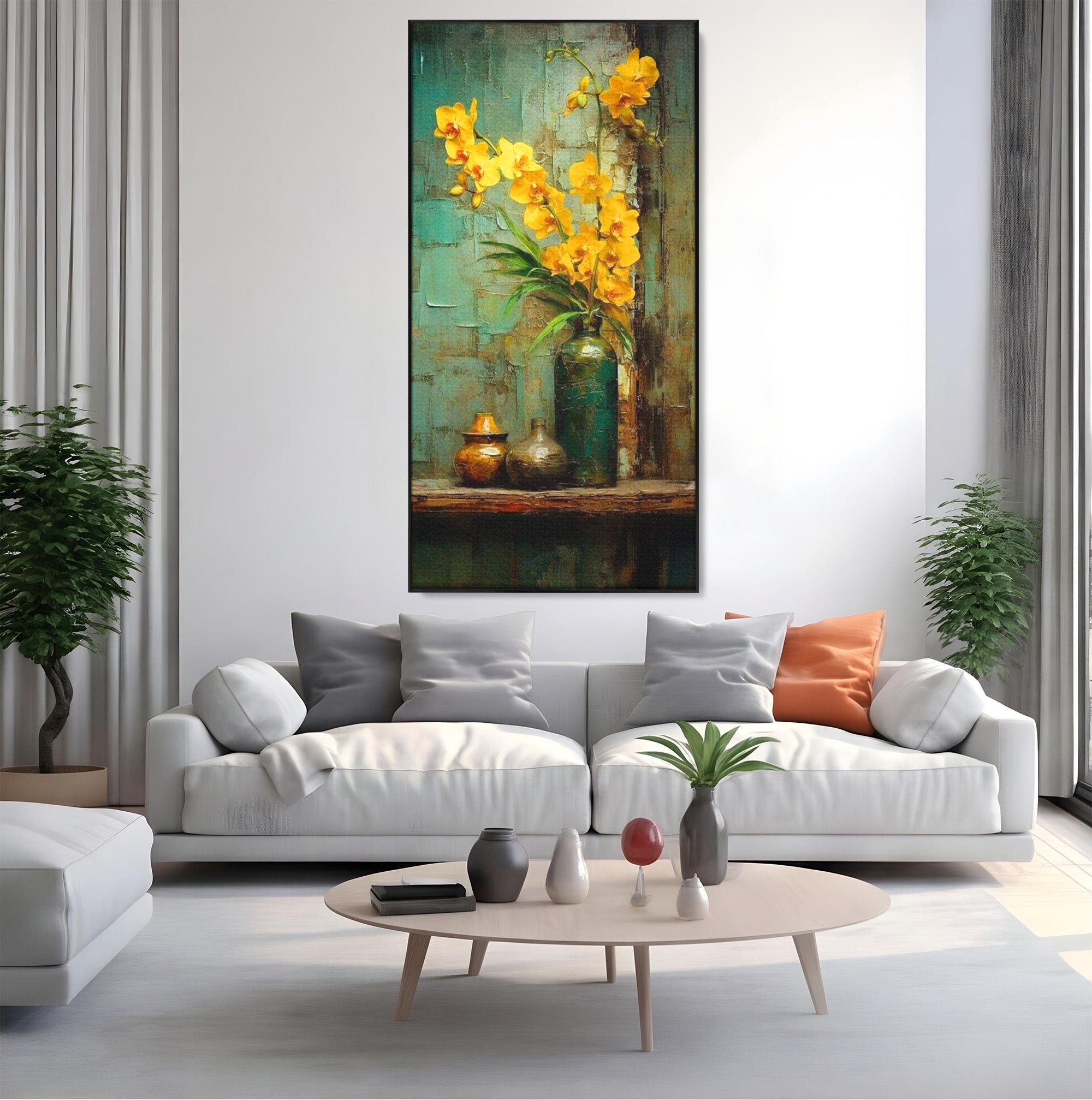 Tablou Canvas Premium LuxCanva® PI1144, Orhidee Galbene in Vaza, Planta, Flori, Glastra, Living, Natura, Decor Elegant, Culori Vibrante
