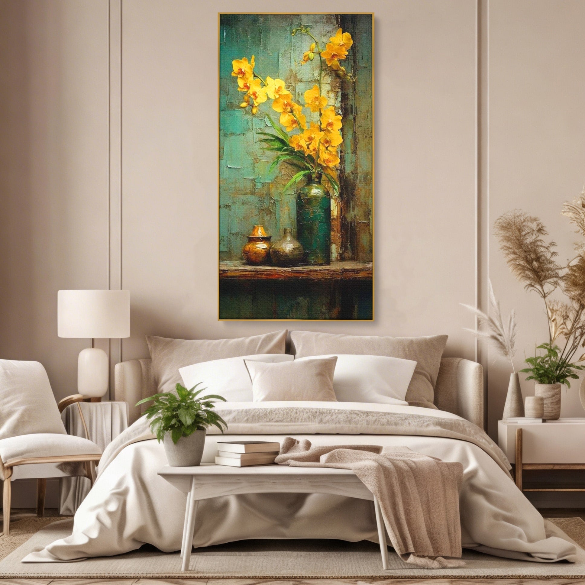 Tablou Canvas Premium LuxCanva® PI1144, Orhidee Galbene in Vaza, Planta, Flori, Glastra, Living, Natura, Decor Elegant, Culori Vibrante