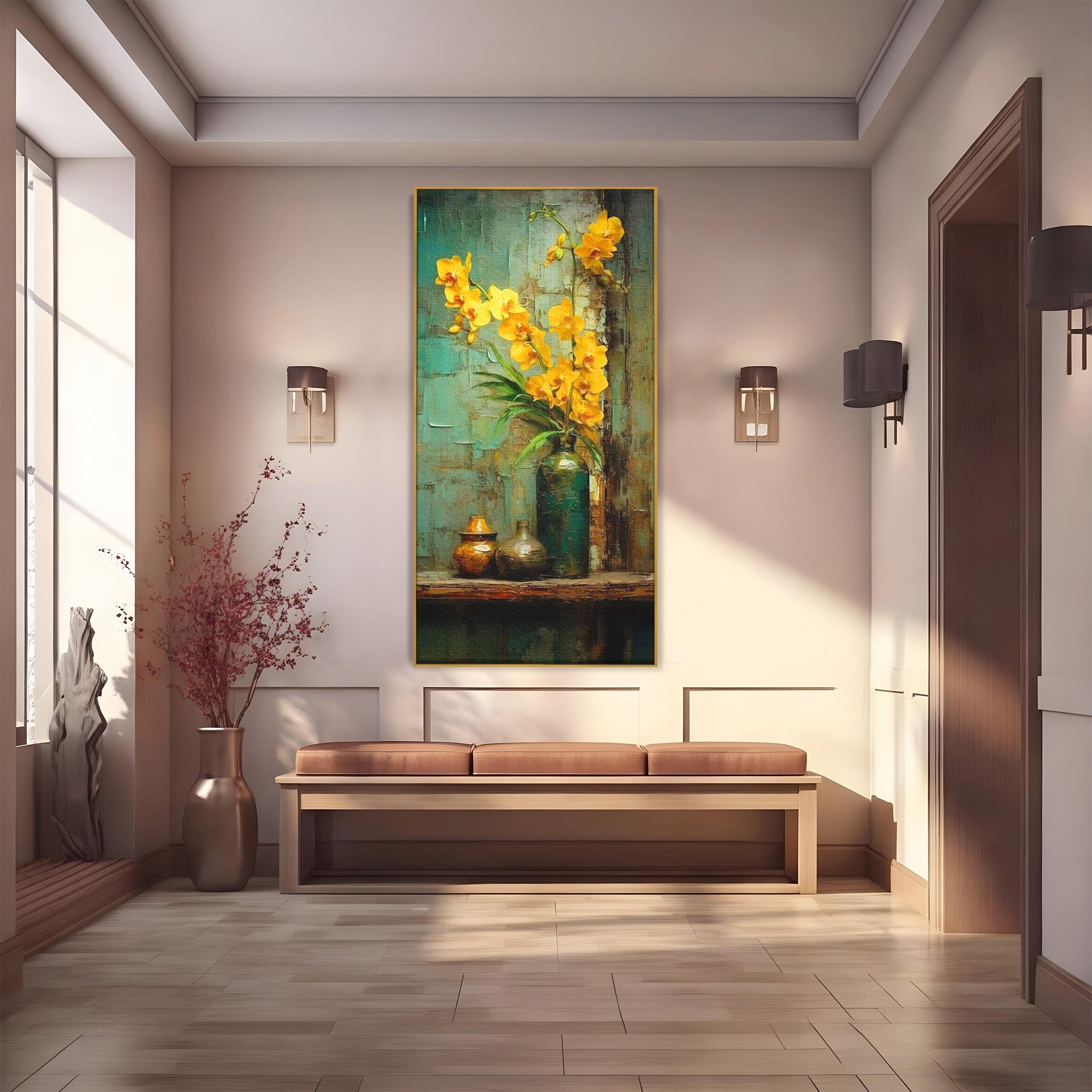 Tablou Canvas Premium LuxCanva® PI1144, Orhidee Galbene in Vaza, Planta, Flori, Glastra, Living, Natura, Decor Elegant, Culori Vibrante