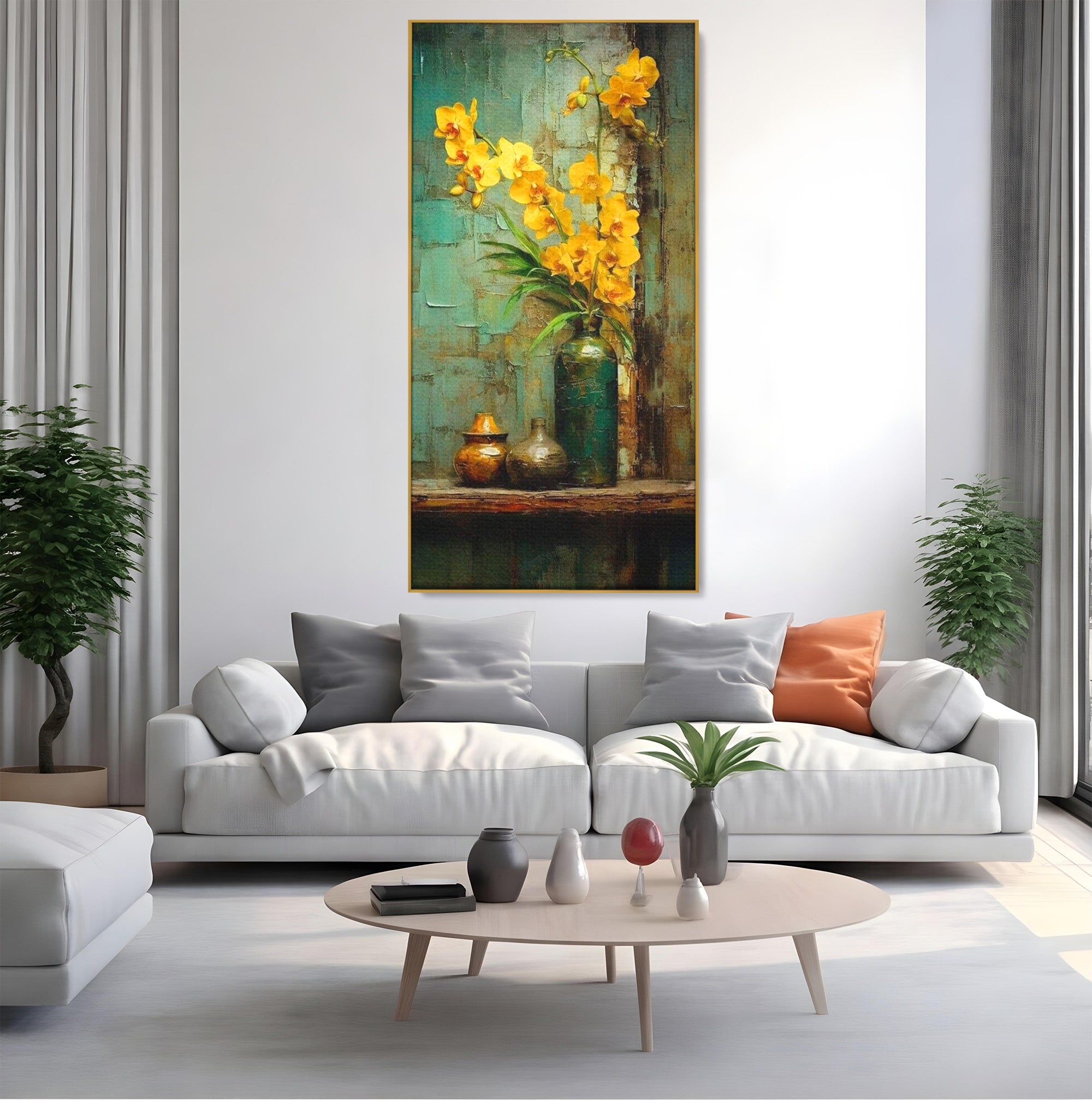 Tablou Canvas Premium LuxCanva® PI1144, Orhidee Galbene in Vaza, Planta, Flori, Glastra, Living, Natura, Decor Elegant, Culori Vibrante