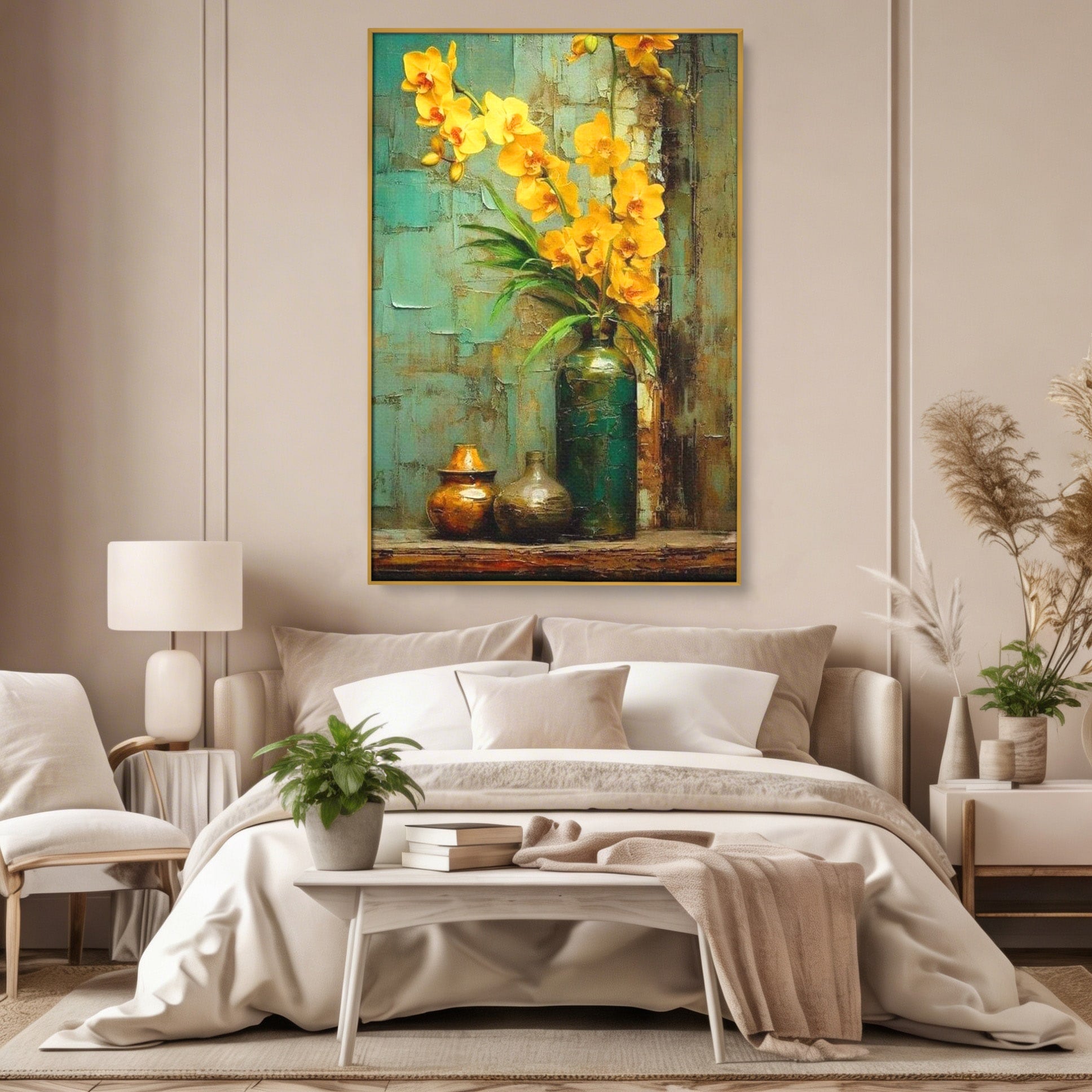 Tablou Canvas Premium LuxCanva® PI1144, Orhidee Galbene in Vaza, Planta, Flori, Glastra, Living, Natura, Decor Elegant, Culori Vibrante