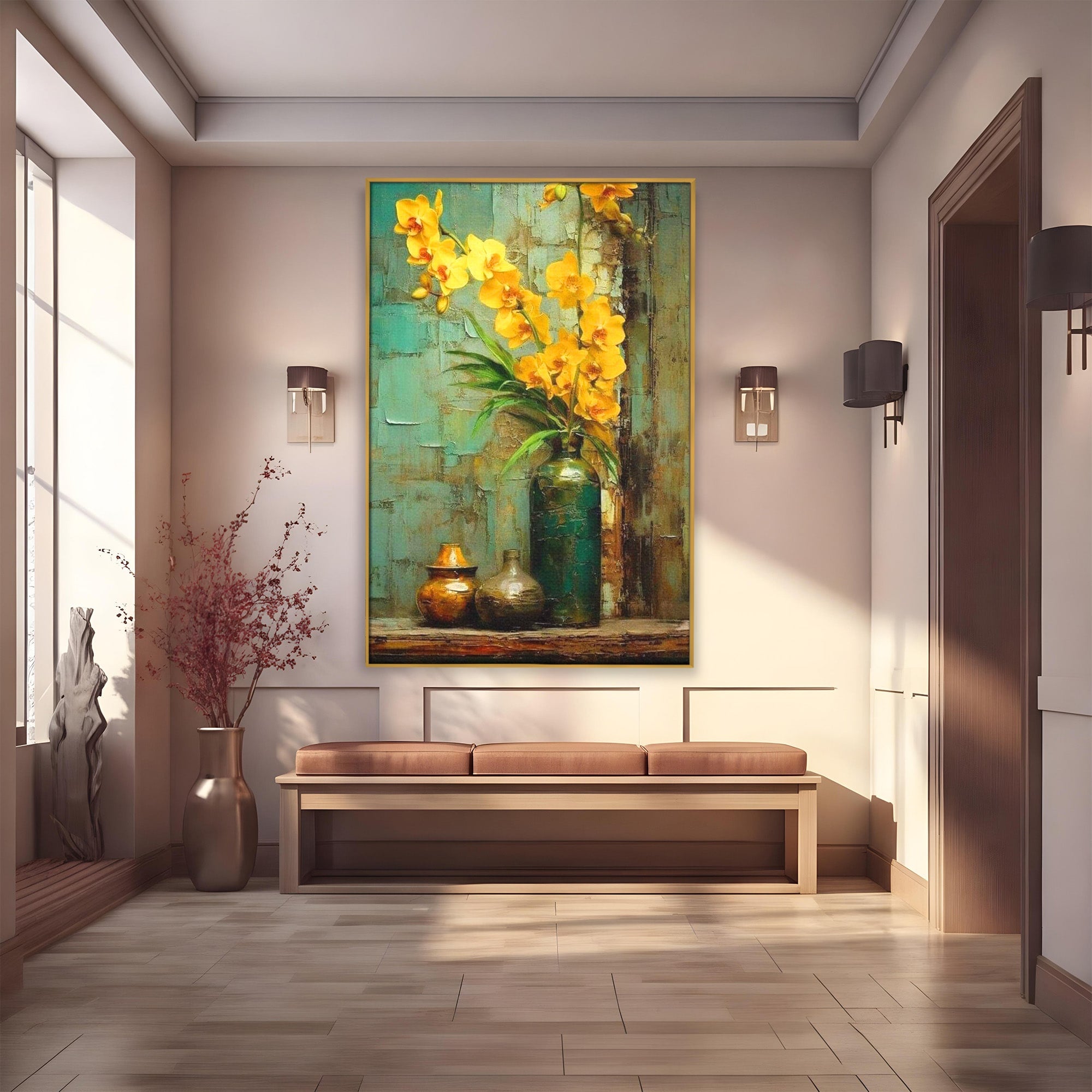 Tablou Canvas Premium LuxCanva® PI1144, Orhidee Galbene in Vaza, Planta, Flori, Glastra, Living, Natura, Decor Elegant, Culori Vibrante
