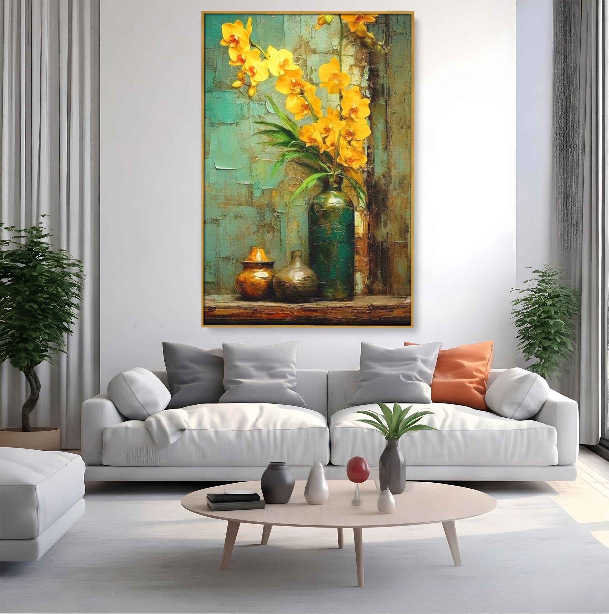 Tablou Canvas Premium LuxCanva® PI1144, Orhidee Galbene in Vaza, Planta, Flori, Glastra, Living, Natura, Decor Elegant, Culori Vibrante