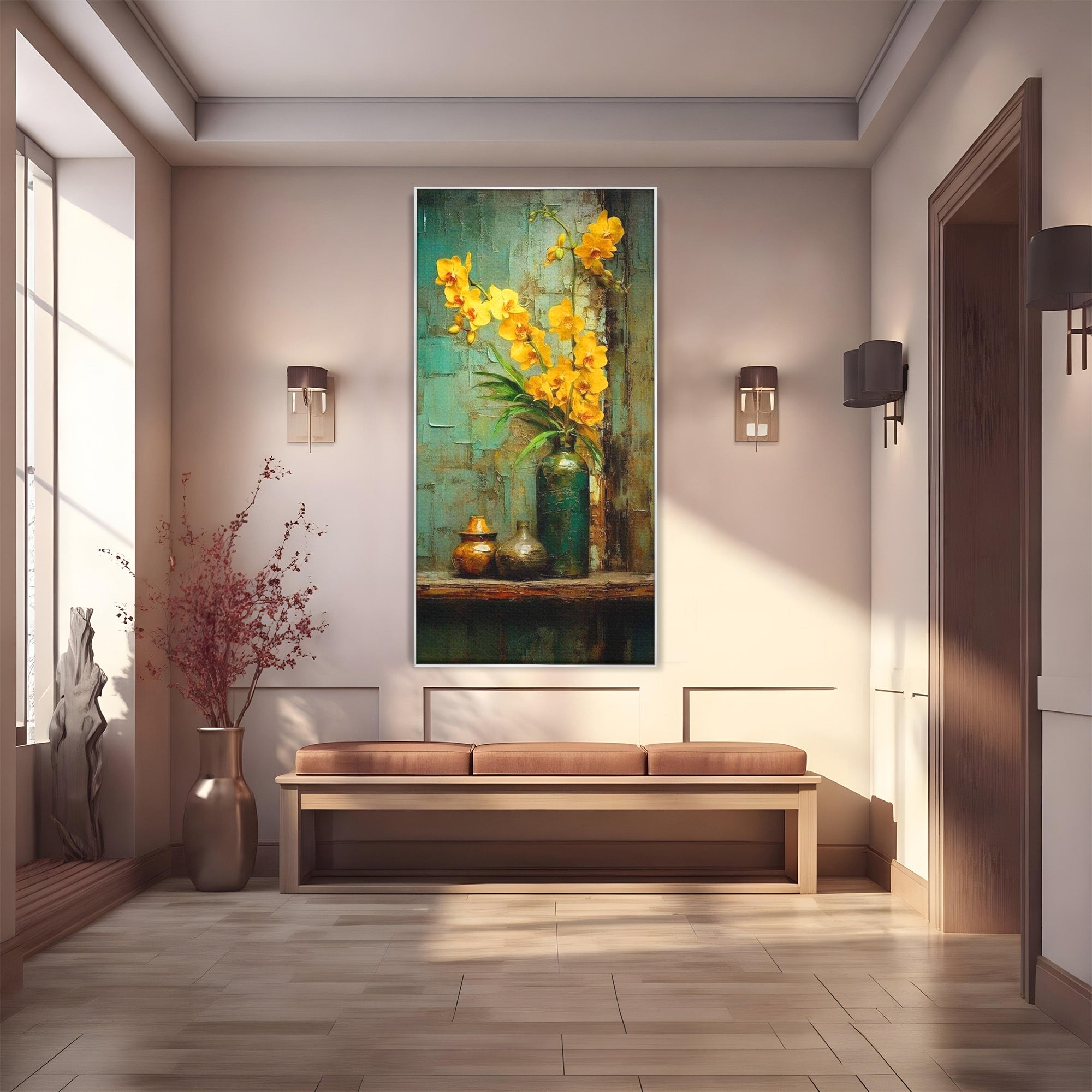 Tablou Canvas Premium LuxCanva® PI1144, Orhidee Galbene in Vaza, Planta, Flori, Glastra, Living, Natura, Decor Elegant, Culori Vibrante