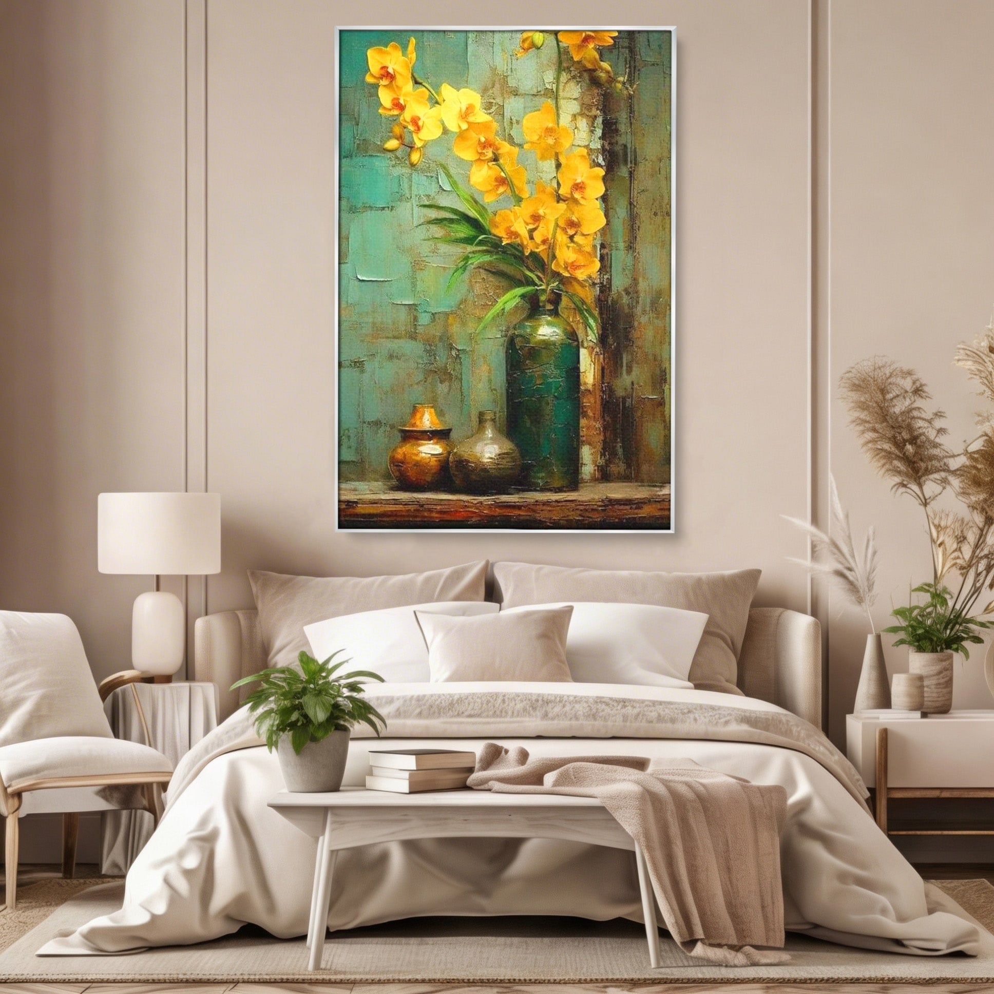 Tablou Canvas Premium LuxCanva® PI1144, Orhidee Galbene in Vaza, Planta, Flori, Glastra, Living, Natura, Decor Elegant, Culori Vibrante