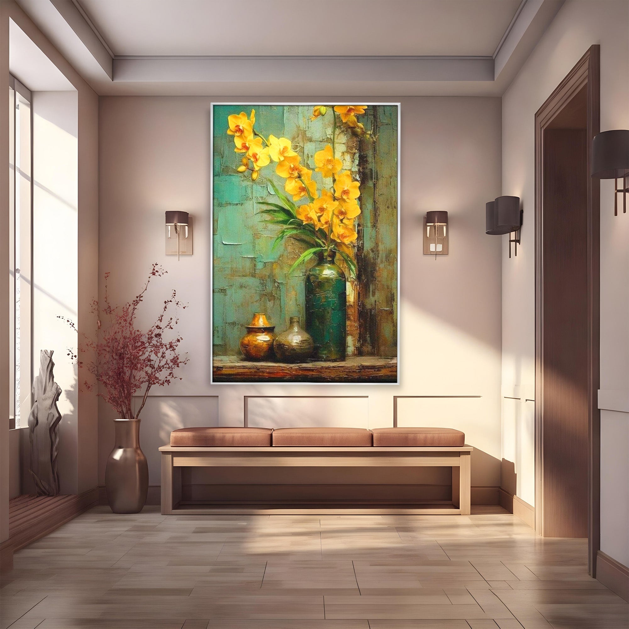 Tablou Canvas Premium LuxCanva® PI1144, Orhidee Galbene in Vaza, Planta, Flori, Glastra, Living, Natura, Decor Elegant, Culori Vibrante