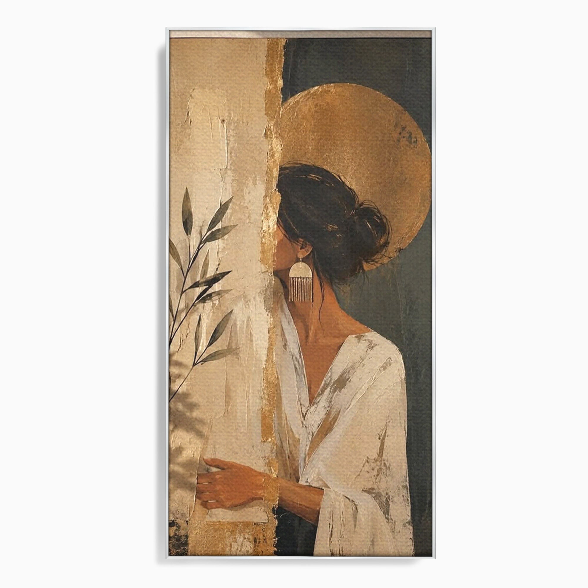 Tablou Canvas Premium LuxCanva® PI1146, Misterul Femeii Cu Cerc Auriu, Diva, Portret, Abstract, Eleganta, Dormitor, Culori Vibrante