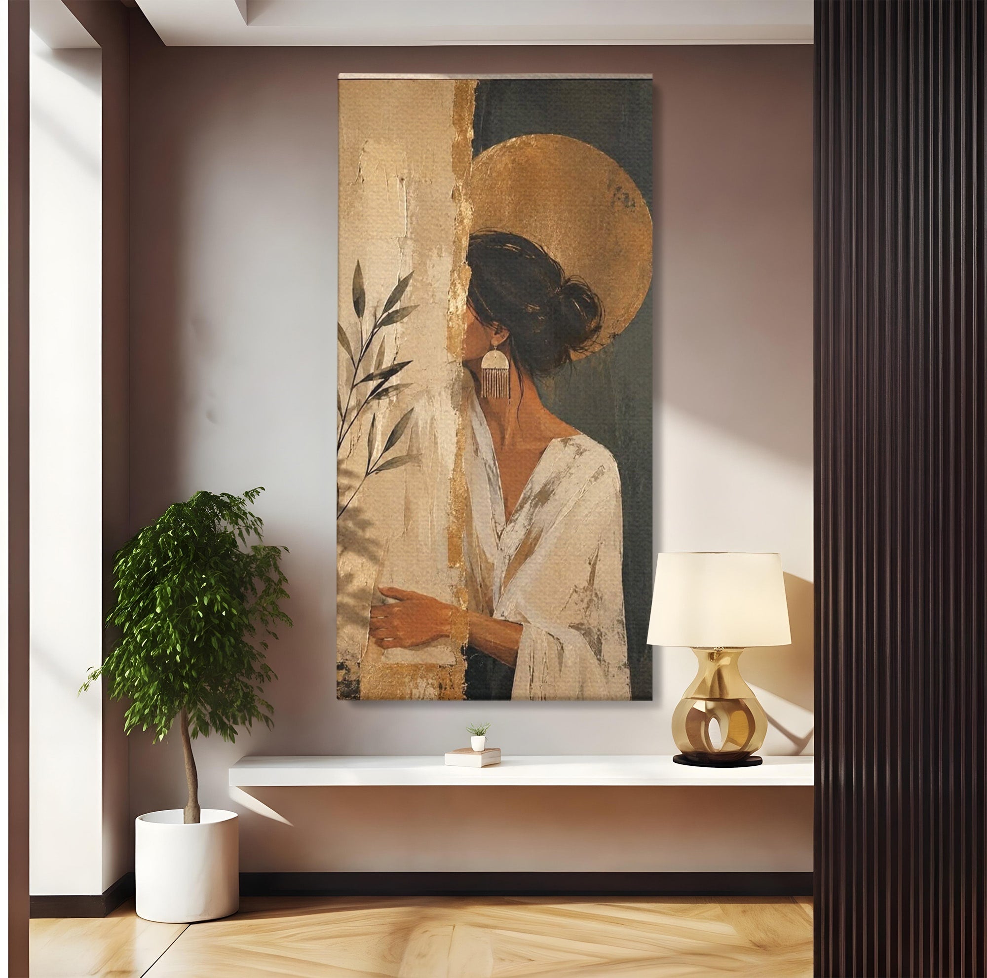 Tablou Canvas Premium LuxCanva® PI1146, Misterul Femeii Cu Cerc Auriu, Diva, Portret, Abstract, Eleganta, Dormitor, Culori Vibrante