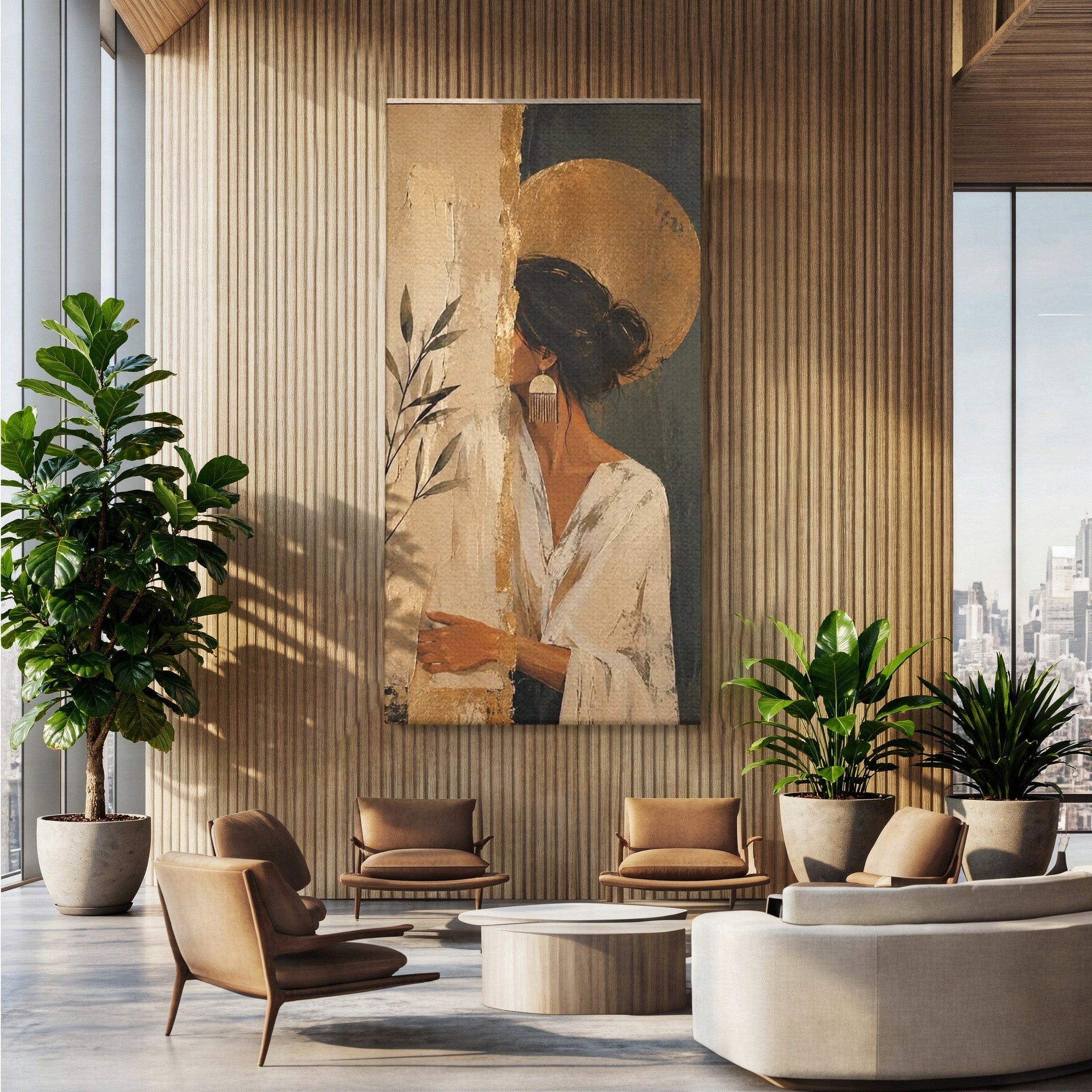 Tablou Canvas Premium LuxCanva® PI1146, Misterul Femeii Cu Cerc Auriu, Diva, Portret, Abstract, Eleganta, Dormitor, Culori Vibrante