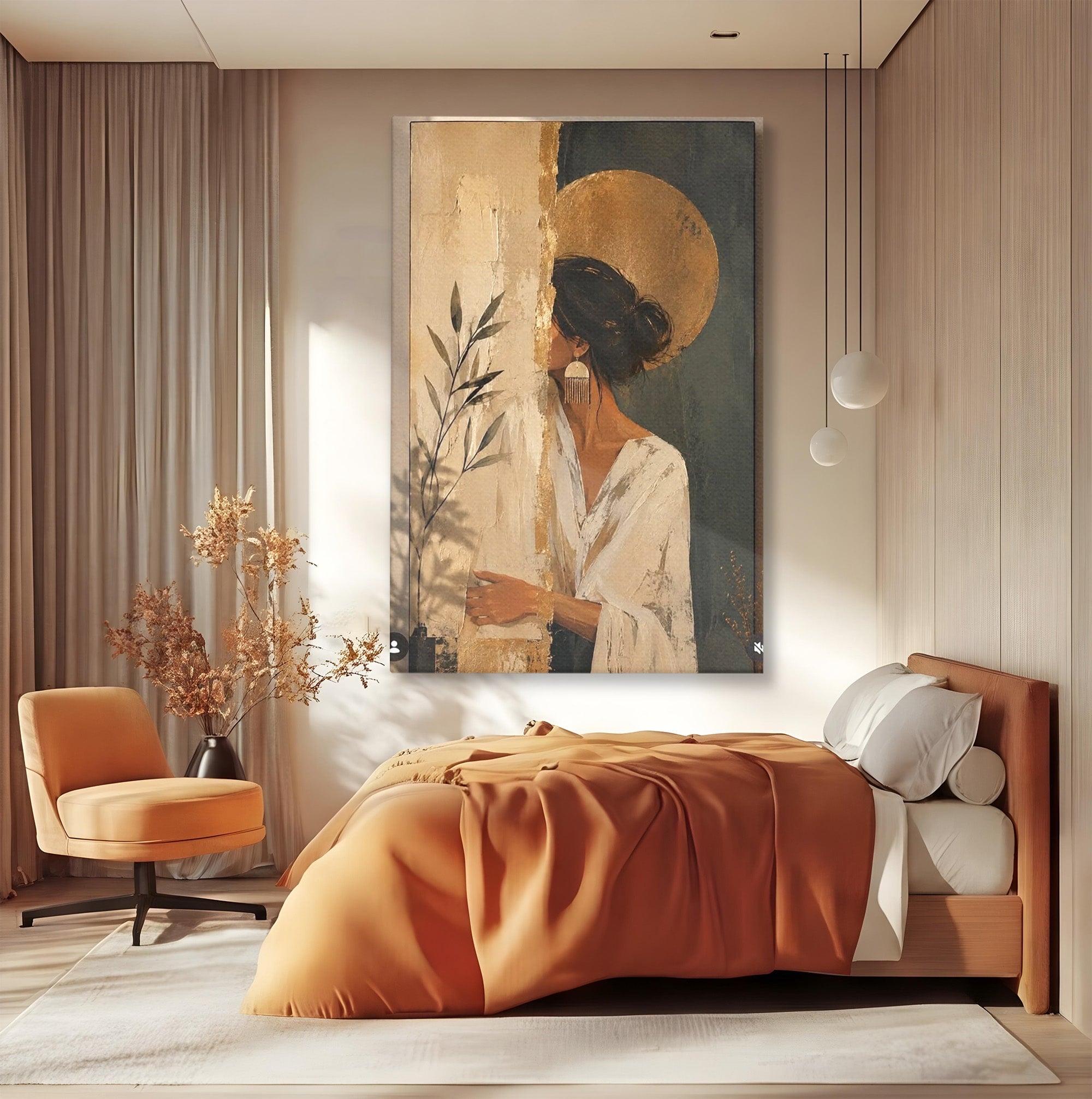 Tablou Canvas Premium LuxCanva® PI1146, Misterul Femeii Cu Cerc Auriu, Diva, Portret, Abstract, Eleganta, Dormitor, Culori Vibrante