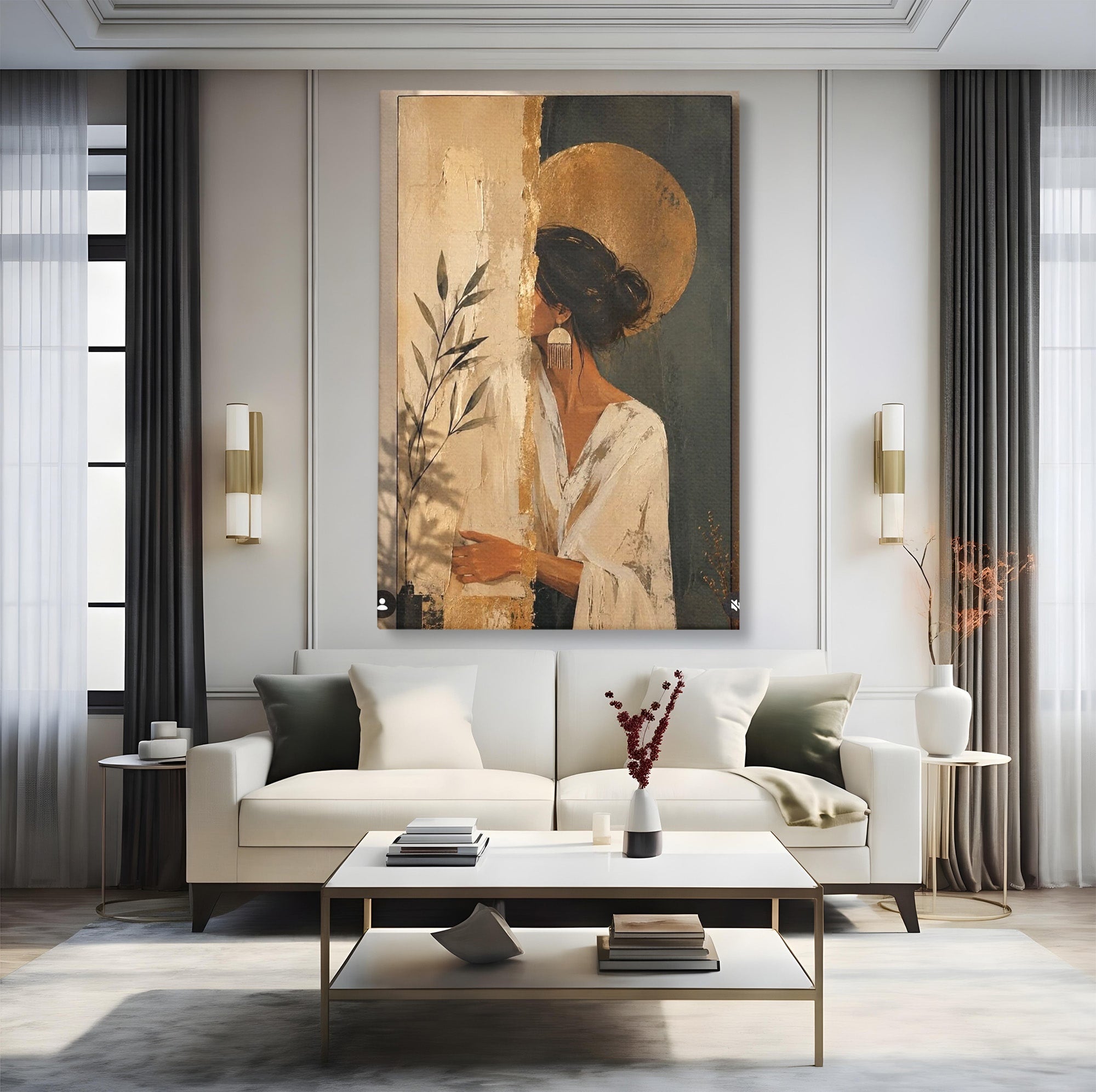 Tablou Canvas Premium LuxCanva® PI1146, Misterul Femeii Cu Cerc Auriu, Diva, Portret, Abstract, Eleganta, Dormitor, Culori Vibrante