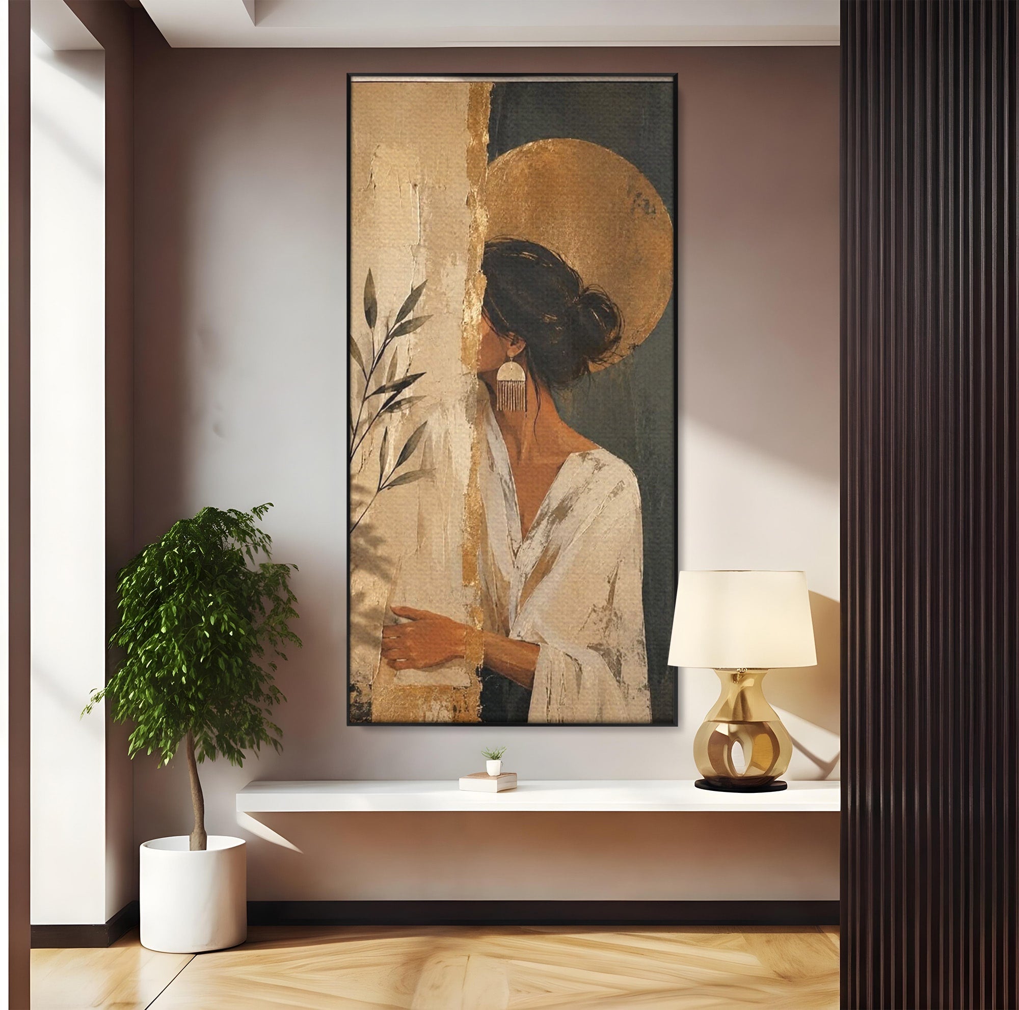 Tablou Canvas Premium LuxCanva® PI1146, Misterul Femeii Cu Cerc Auriu, Diva, Portret, Abstract, Eleganta, Dormitor, Culori Vibrante