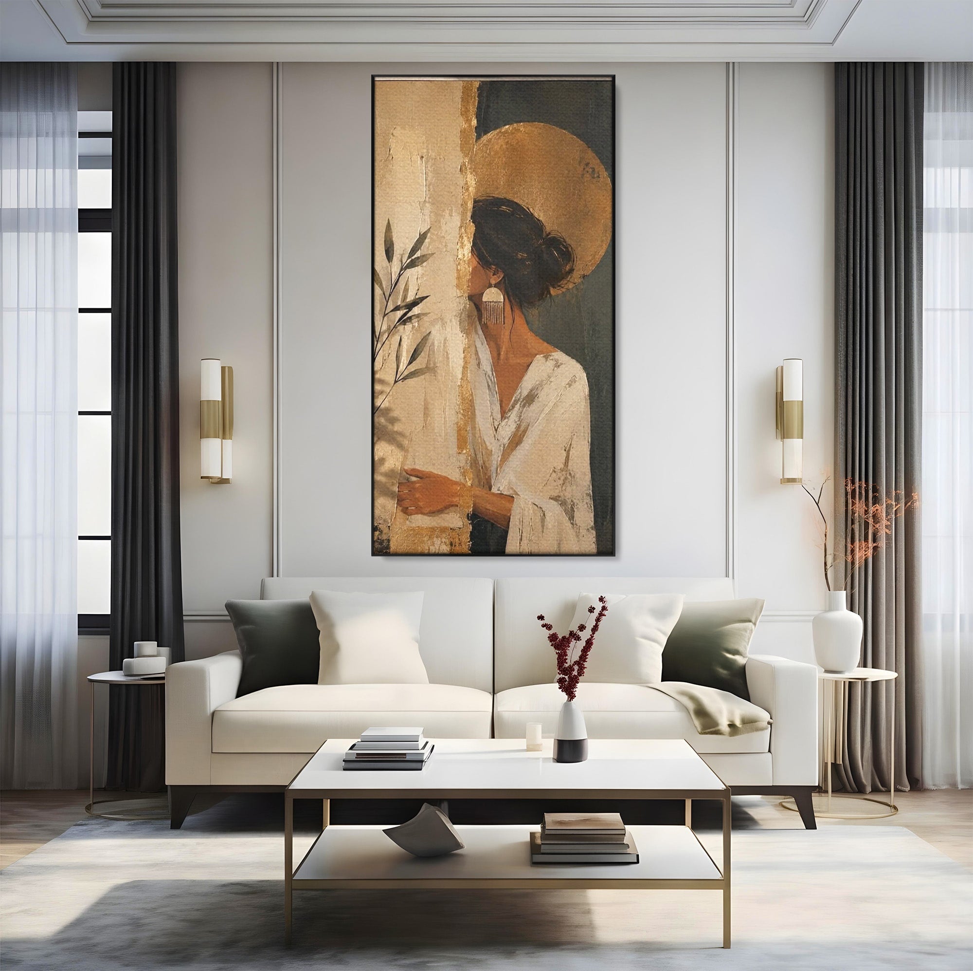 Tablou Canvas Premium LuxCanva® PI1146, Misterul Femeii Cu Cerc Auriu, Diva, Portret, Abstract, Eleganta, Dormitor, Culori Vibrante