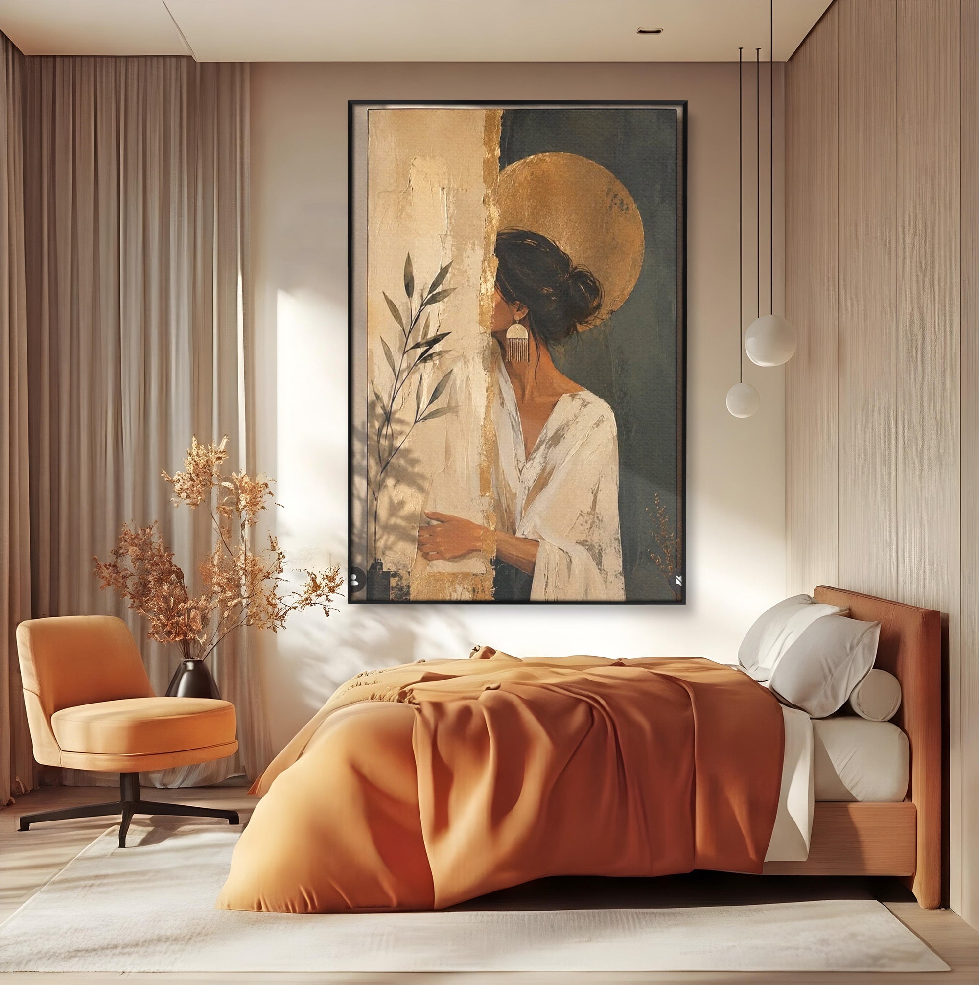 Tablou Canvas Premium LuxCanva® PI1146, Misterul Femeii Cu Cerc Auriu, Diva, Portret, Abstract, Eleganta, Dormitor, Culori Vibrante