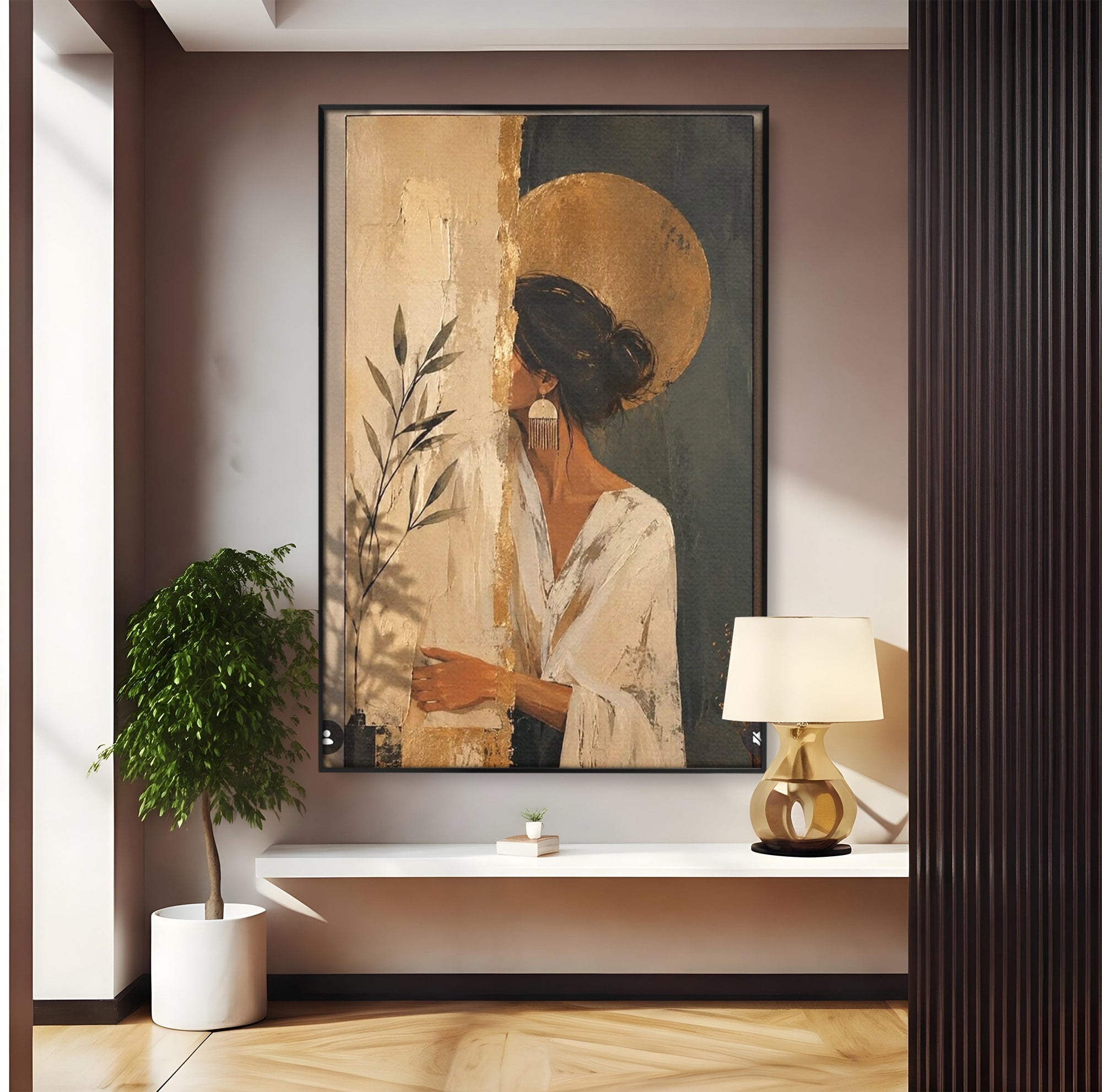 Tablou Canvas Premium LuxCanva® PI1146, Misterul Femeii Cu Cerc Auriu, Diva, Portret, Abstract, Eleganta, Dormitor, Culori Vibrante