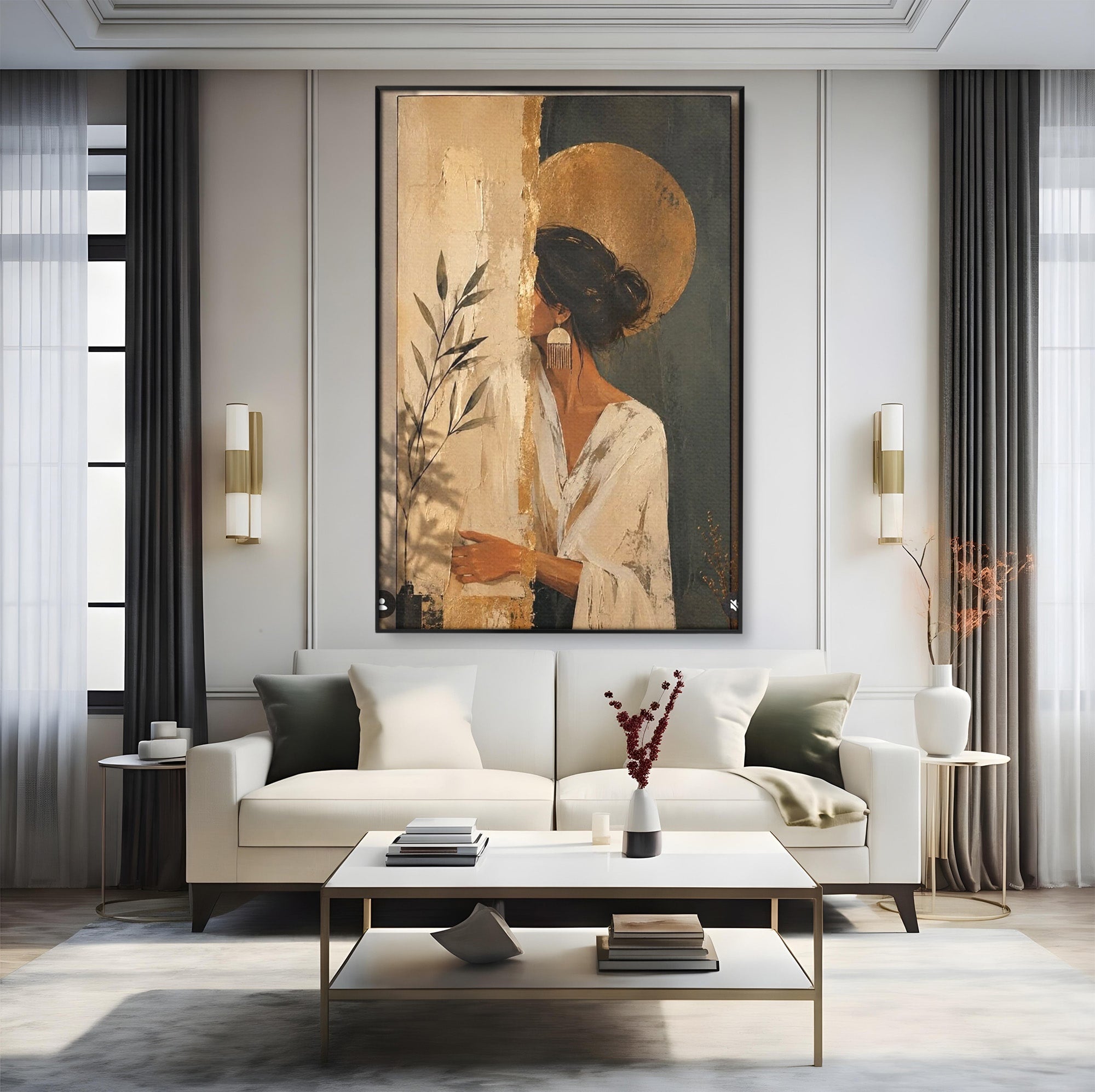 Tablou Canvas Premium LuxCanva® PI1146, Misterul Femeii Cu Cerc Auriu, Diva, Portret, Abstract, Eleganta, Dormitor, Culori Vibrante