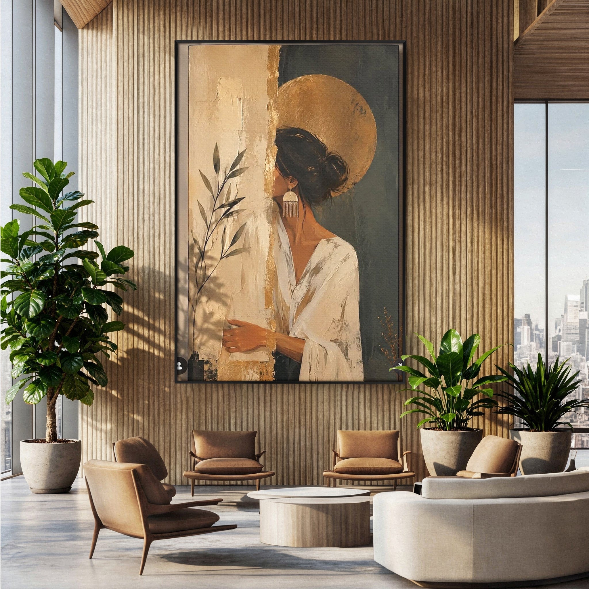 Tablou Canvas Premium LuxCanva® PI1146, Misterul Femeii Cu Cerc Auriu, Diva, Portret, Abstract, Eleganta, Dormitor, Culori Vibrante
