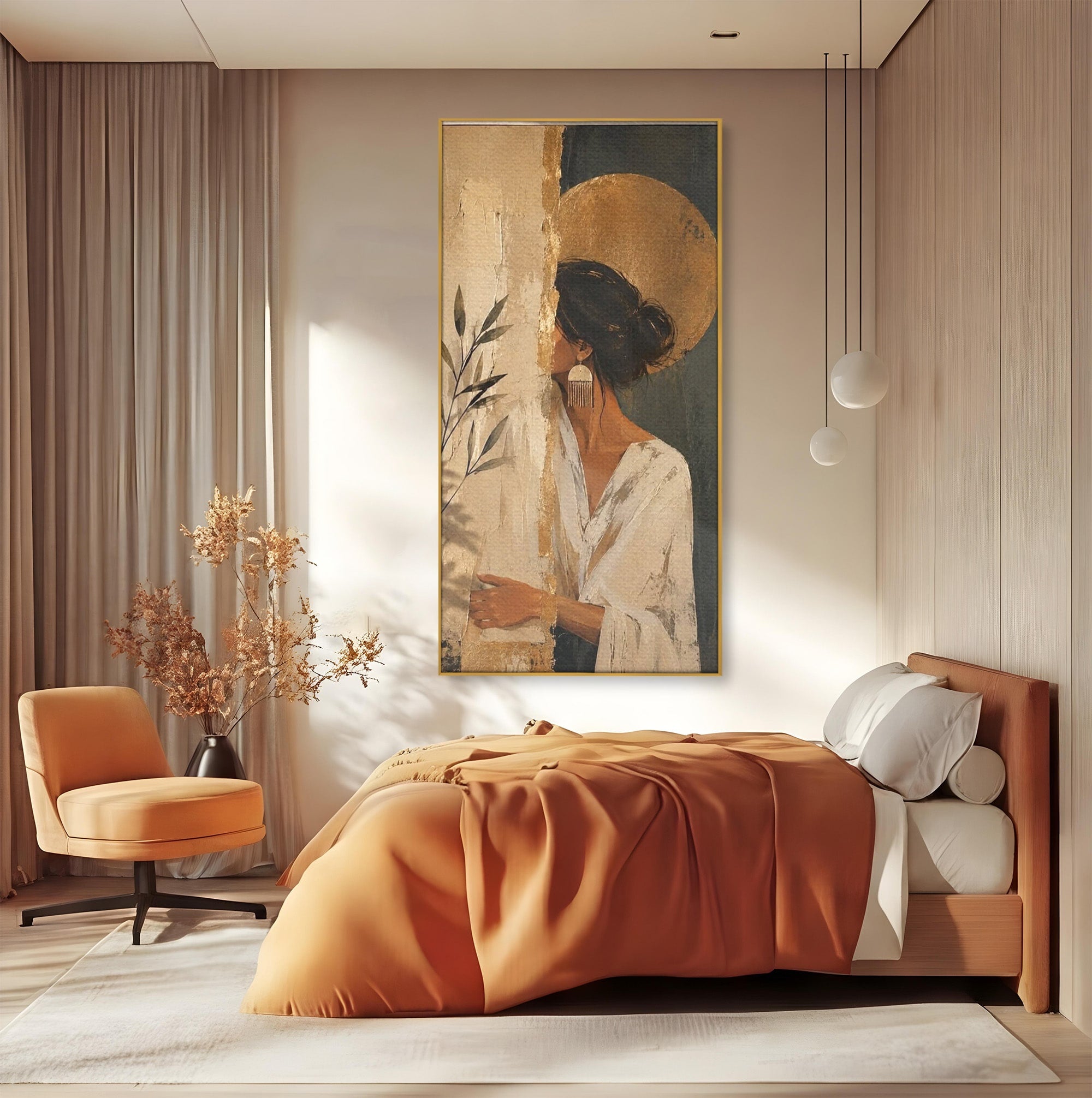 Tablou Canvas Premium LuxCanva® PI1146, Misterul Femeii Cu Cerc Auriu, Diva, Portret, Abstract, Eleganta, Dormitor, Culori Vibrante